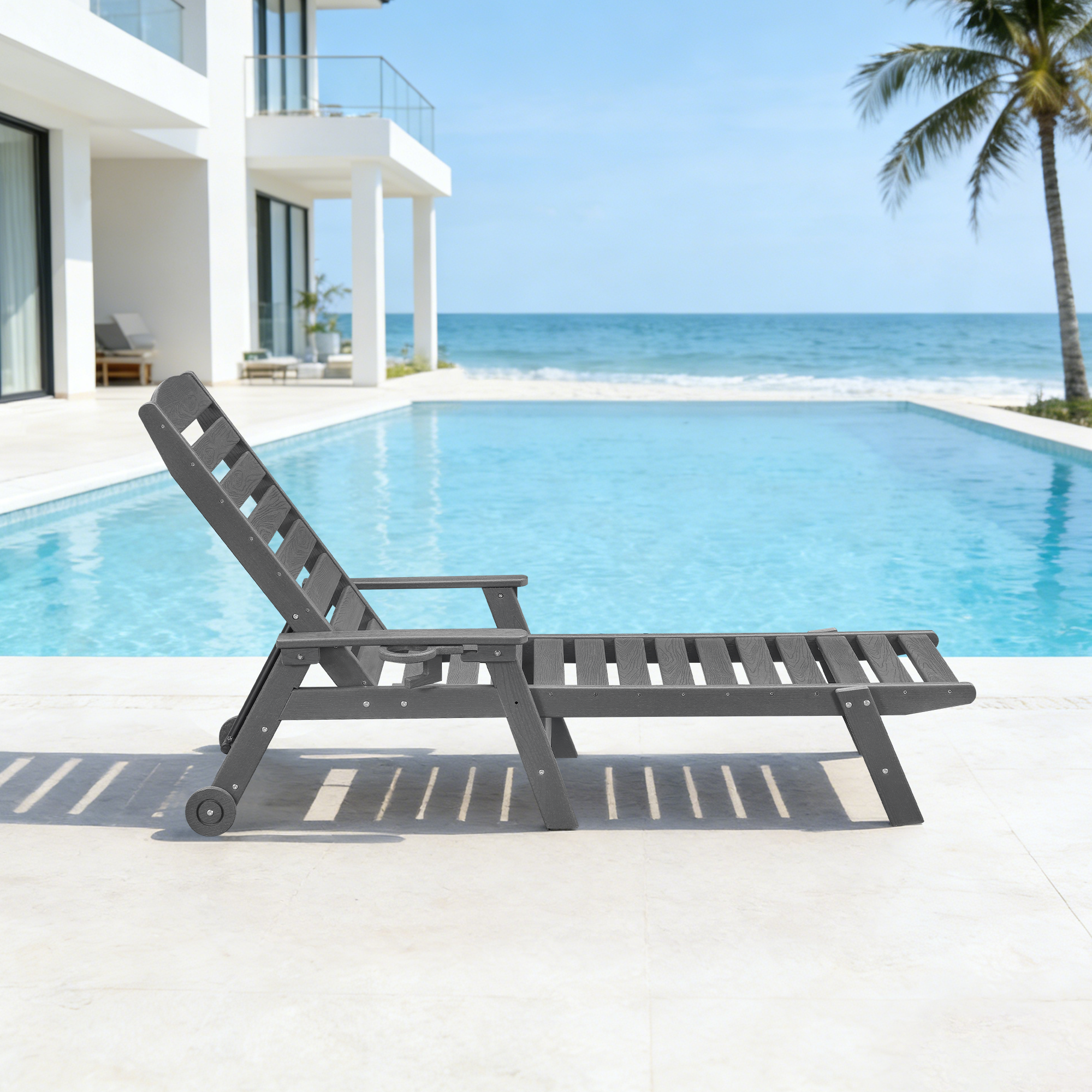 HDPE Patio Adjustable Outdoor Lounge with Wheels & Cup Holder - L031-1