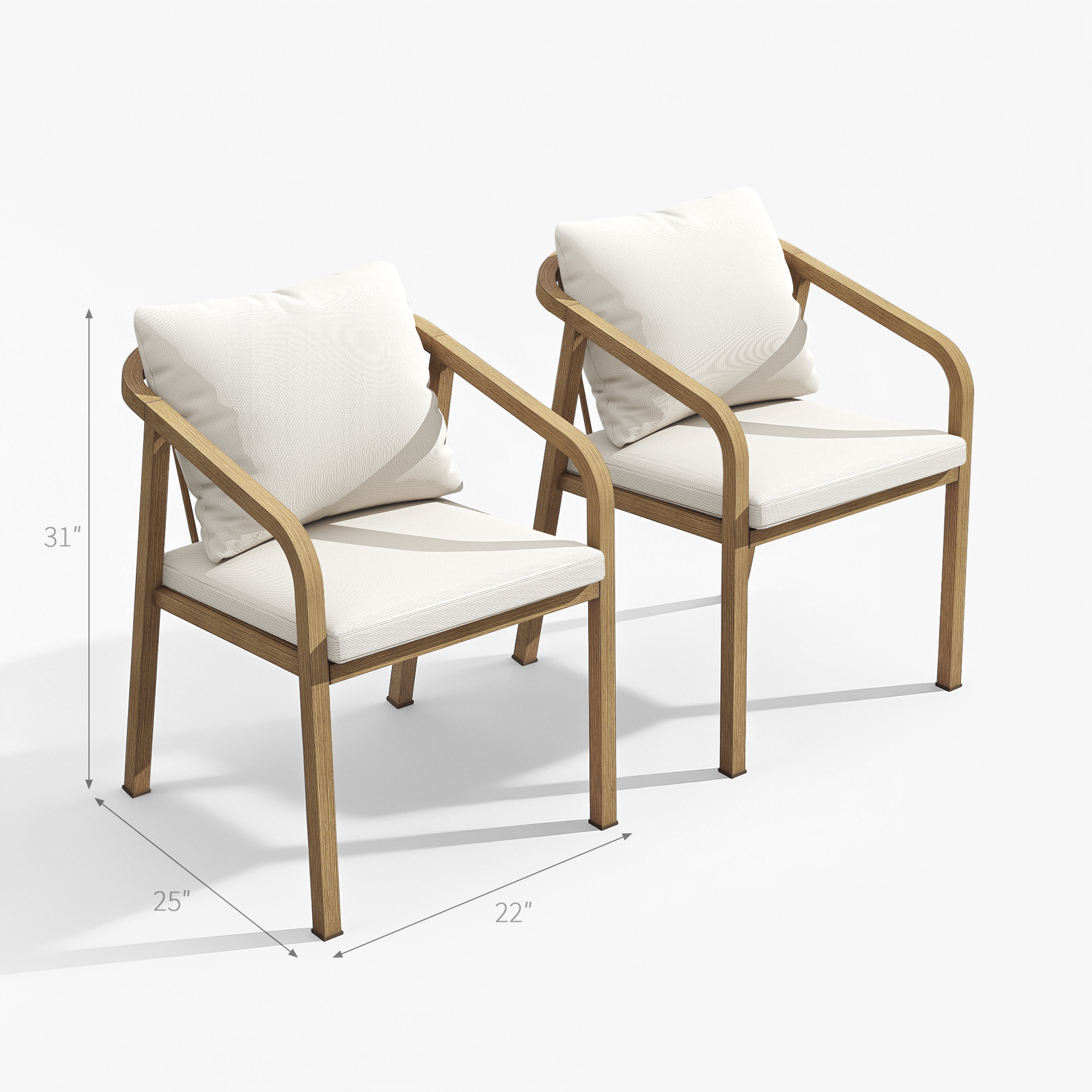 Two wooden outdoor dining chairs with wraparound arms and white cushions on white-Seehill