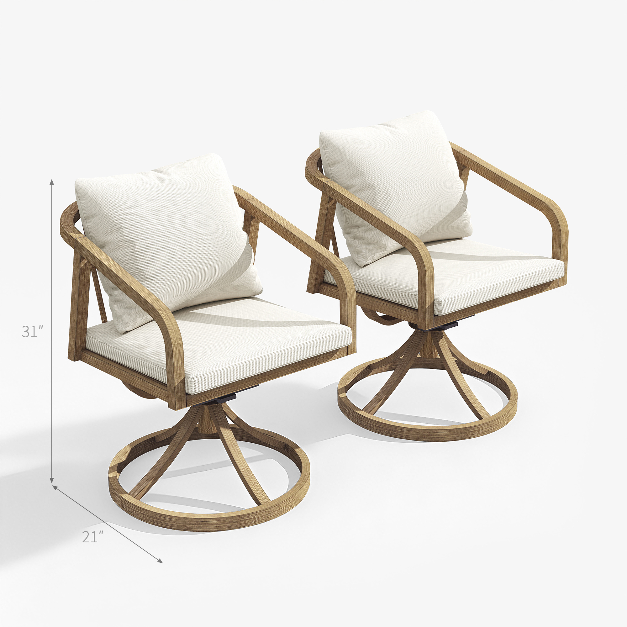 Two wooden outdoor swivel chairs with white cushions and wrap-around armrests-Seehill