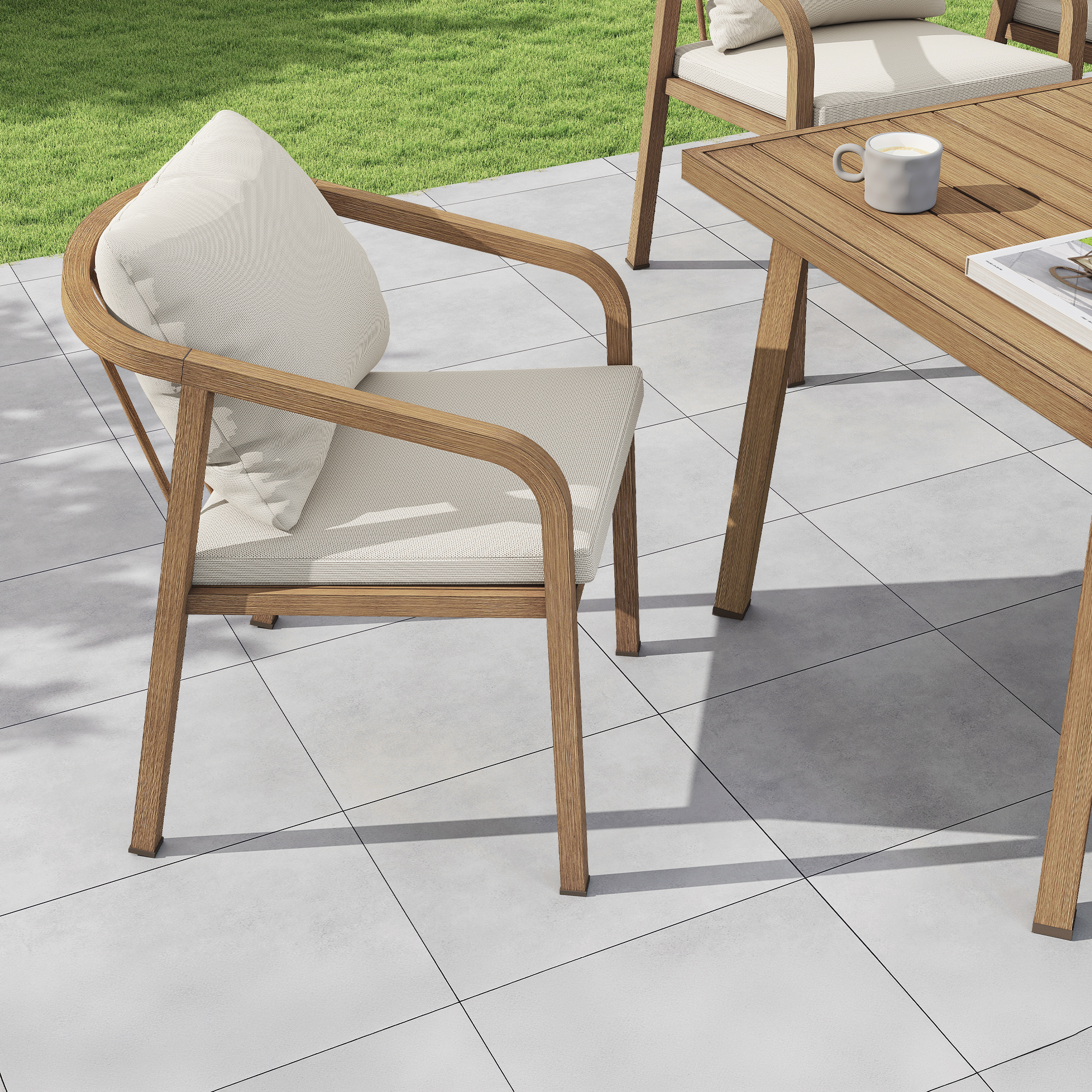 Outdoor patio dining set with cushioned chairs and wooden table on tiled floor-Seehill