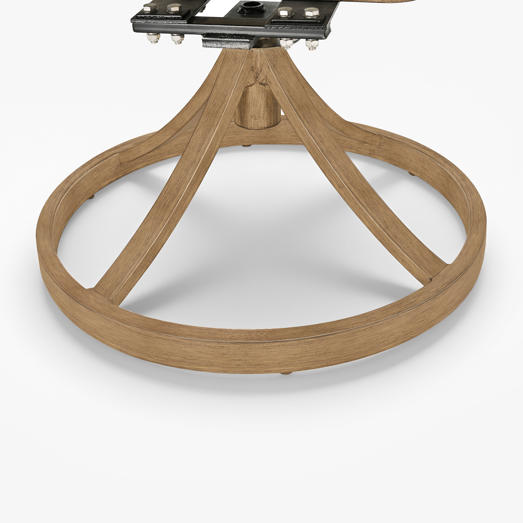 Close-up of wooden circular base support for patio dining set with metal fittings-Seehill