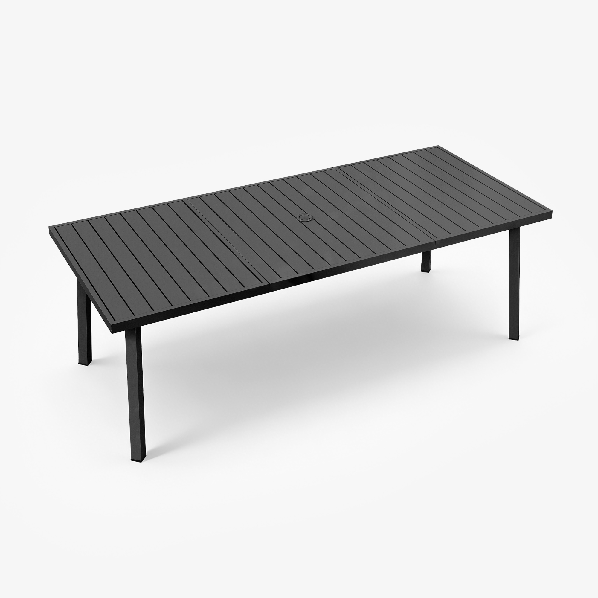 Black rectangular patio table with umbrella hole and slatted top on white background-Seehill