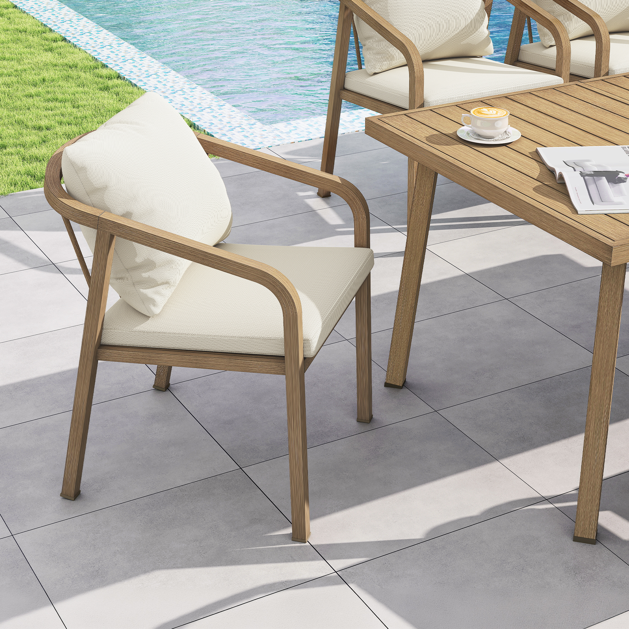 Outdoor dining set with cushioned chairs and wooden table by the poolside on tiled patio-Seehill