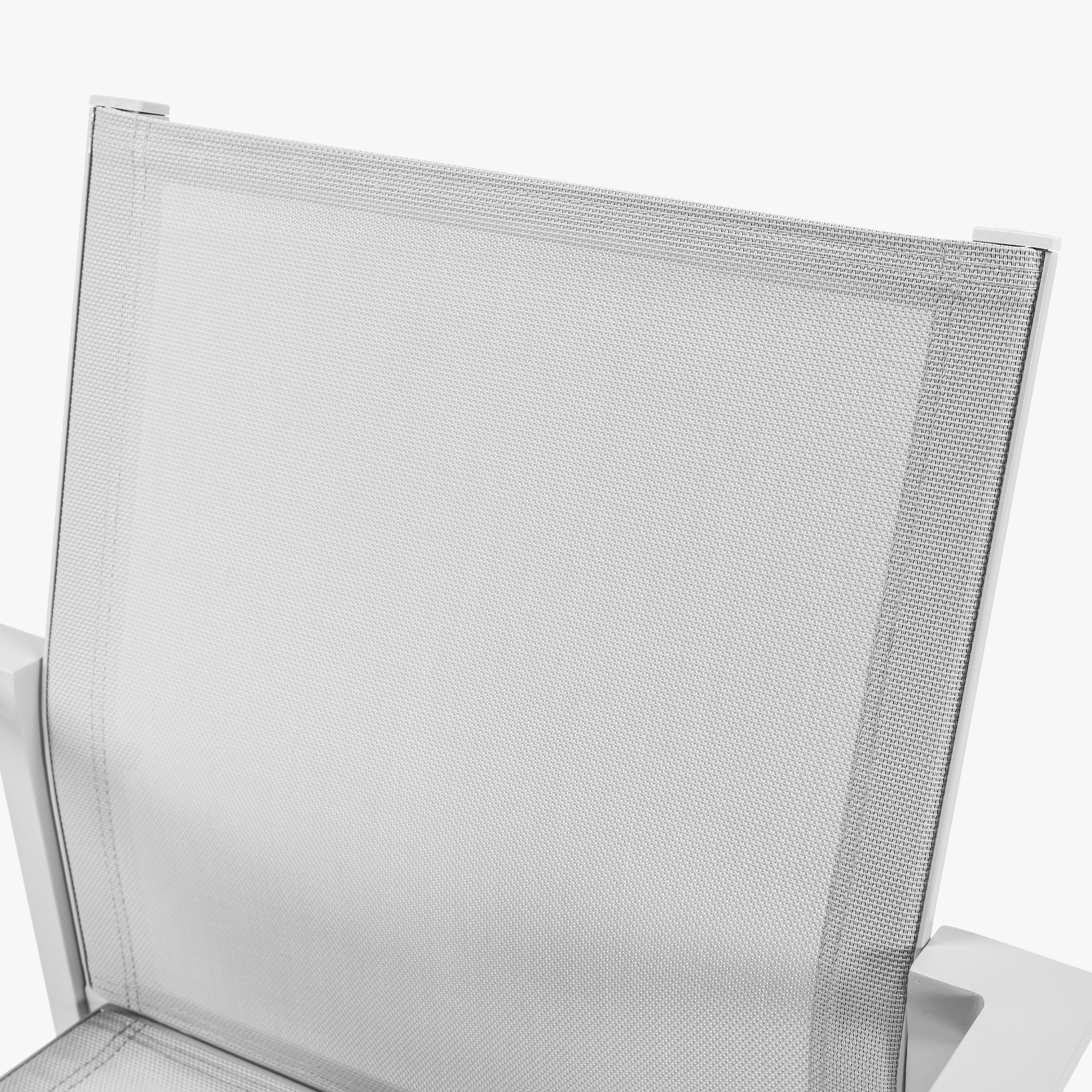 Close-up of white mesh backrest and armrest on stackable patio dining chair -SeeHill-Seehill