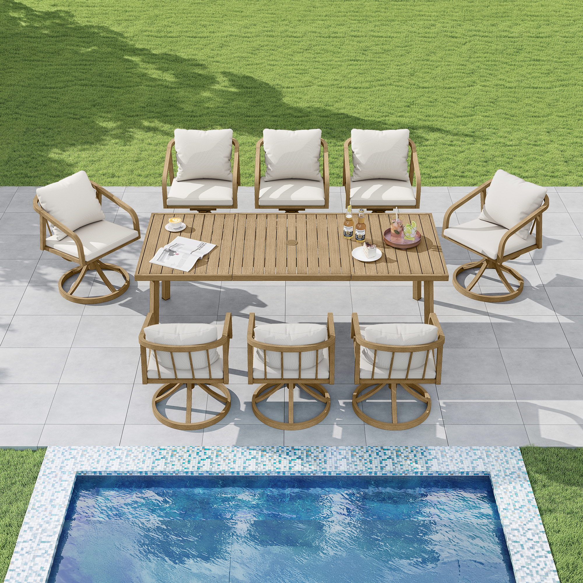 Outdoor dining set with cushioned swivel chairs arranged around a wooden table by the pool f-Seehill