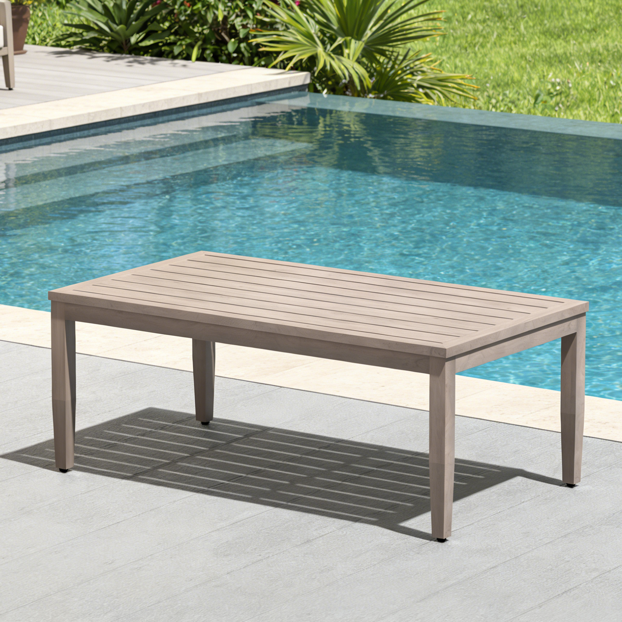 Outdoor patio coffee table with faux wood grain finish beside a clear blue pool-Seehill