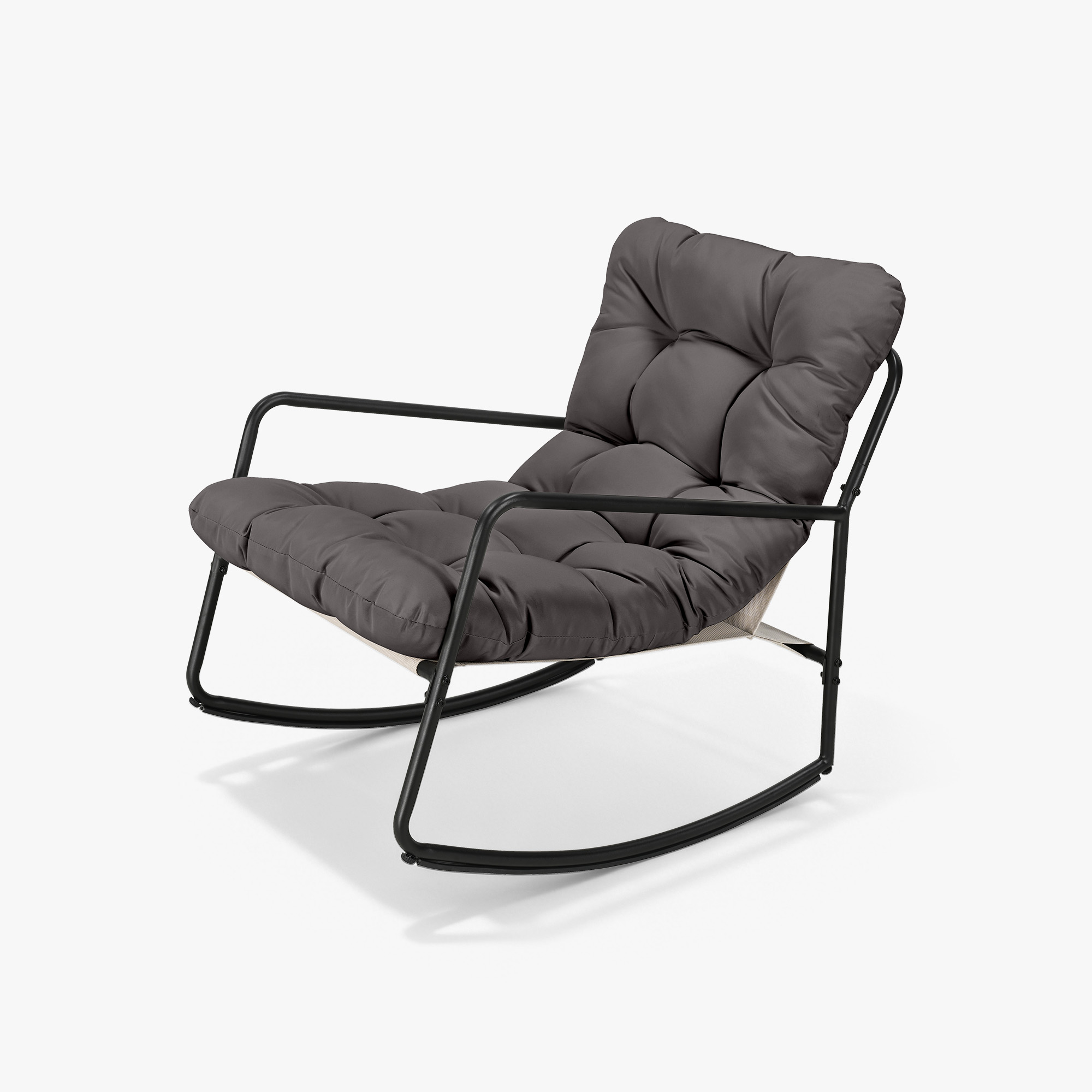 Modern patio rocking chair with metal frame and plush cushioned seat in dark gray -Seehill