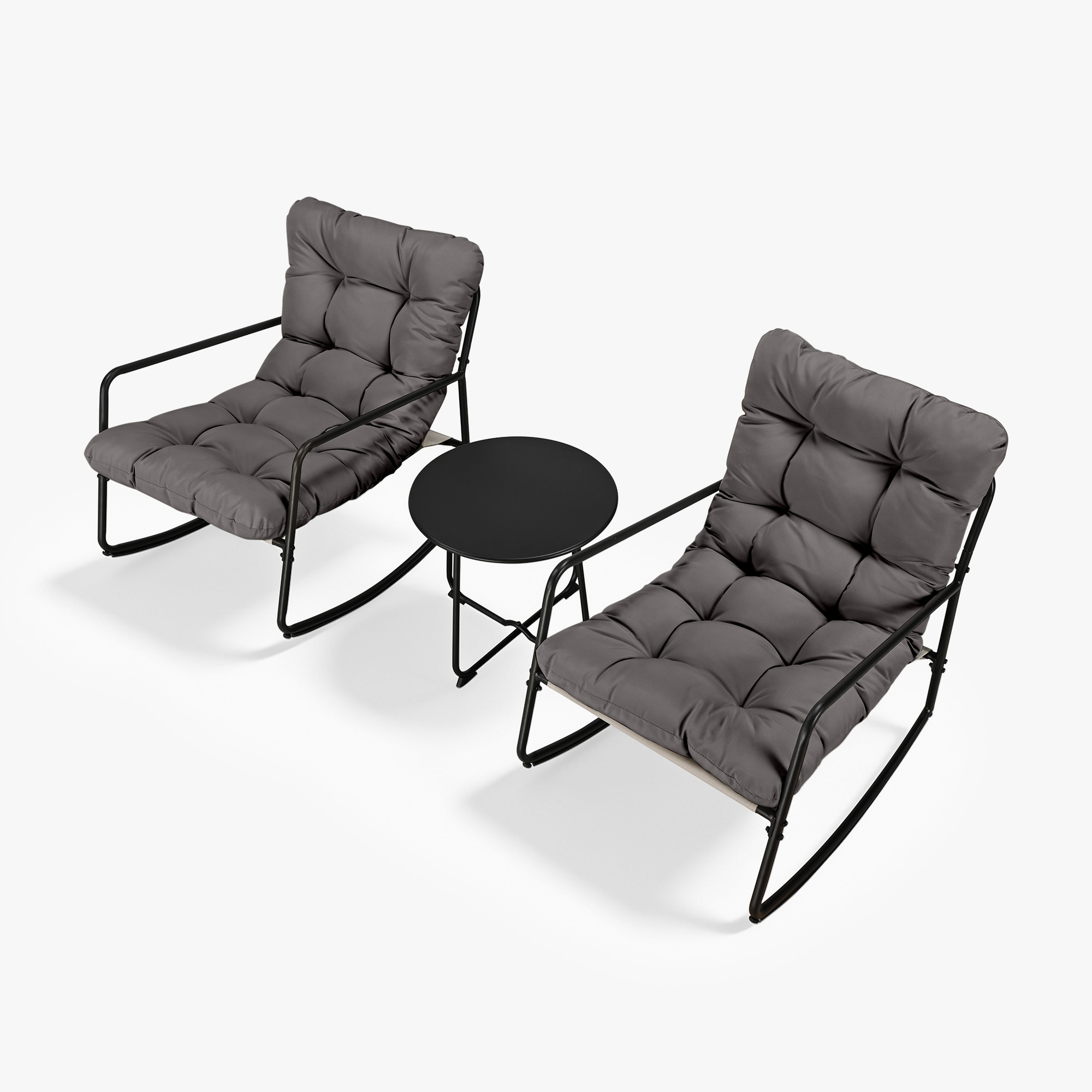 Three-piece metal patio rocking chair set with plush gray cushions and a round side table-Seehill