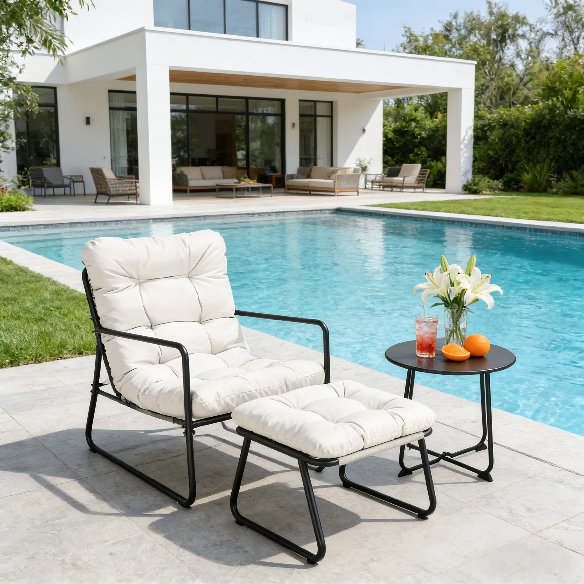 Modern metal patio rocking chair with cushioned seat and matching ottoman by poolside-Seehill