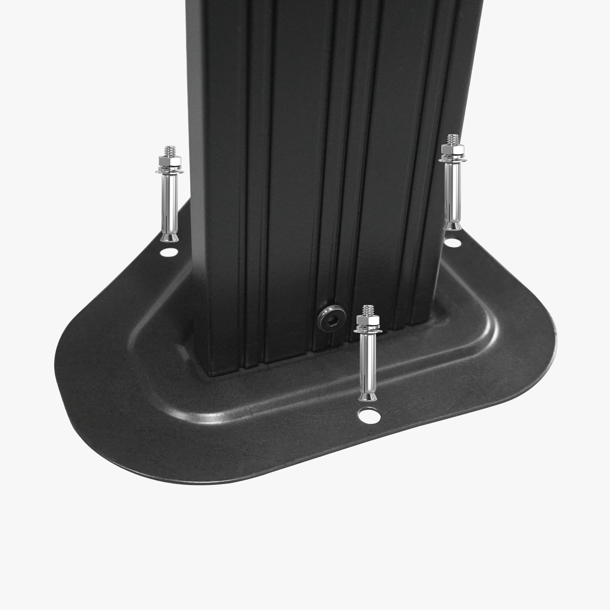 Close-up of black metal gazebo base plate with bolts for secure installation-Seehill