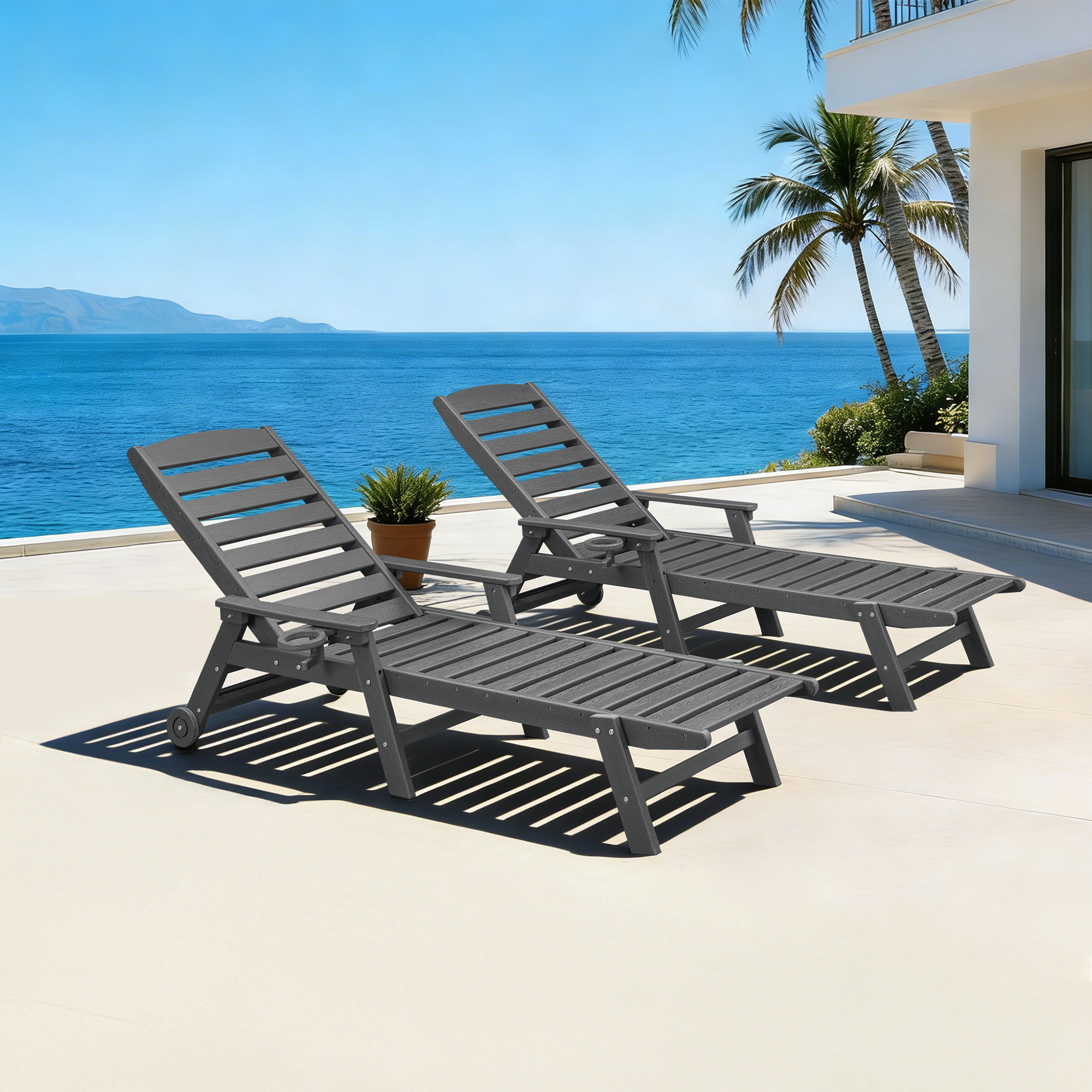 2-piece Patio Adjustable Outdoor Lounge with Wheels & Cup Holder - L031-2