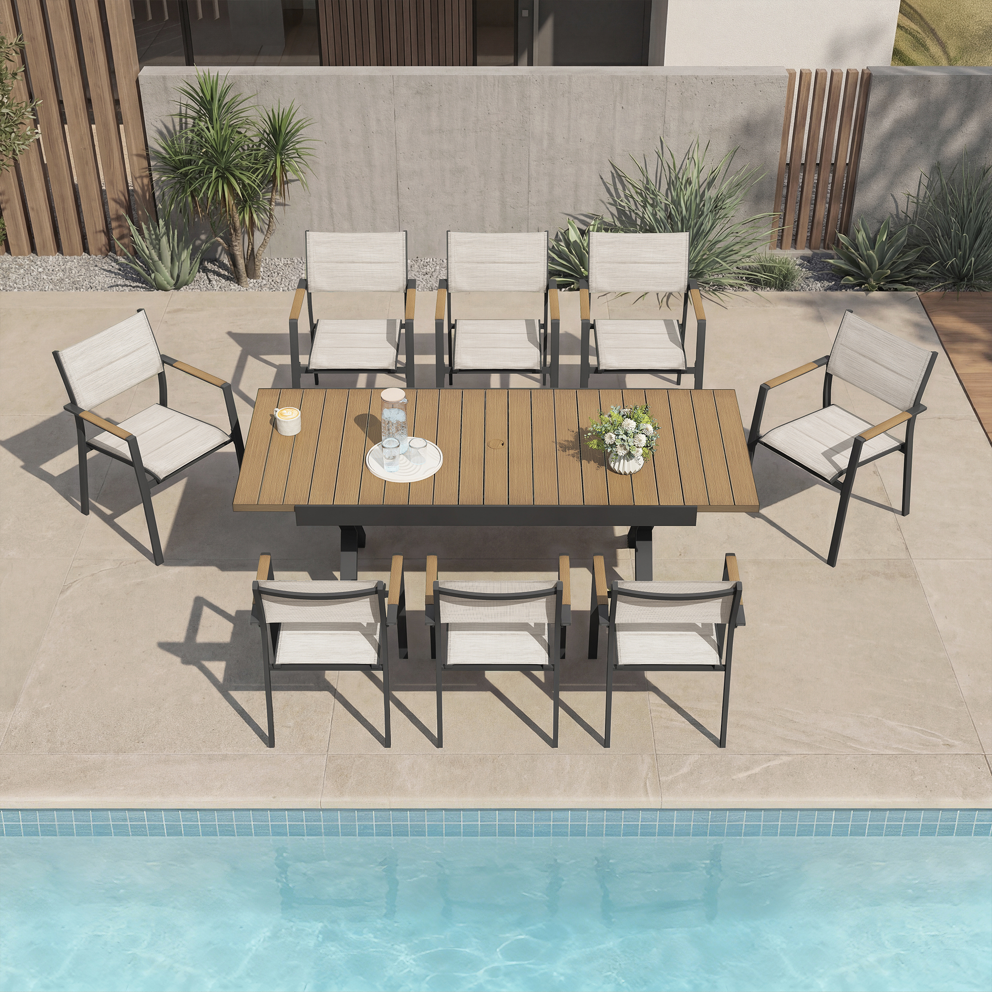 Expandable outdoor dining table with stackable chairs set by the poolside patio-Seehill