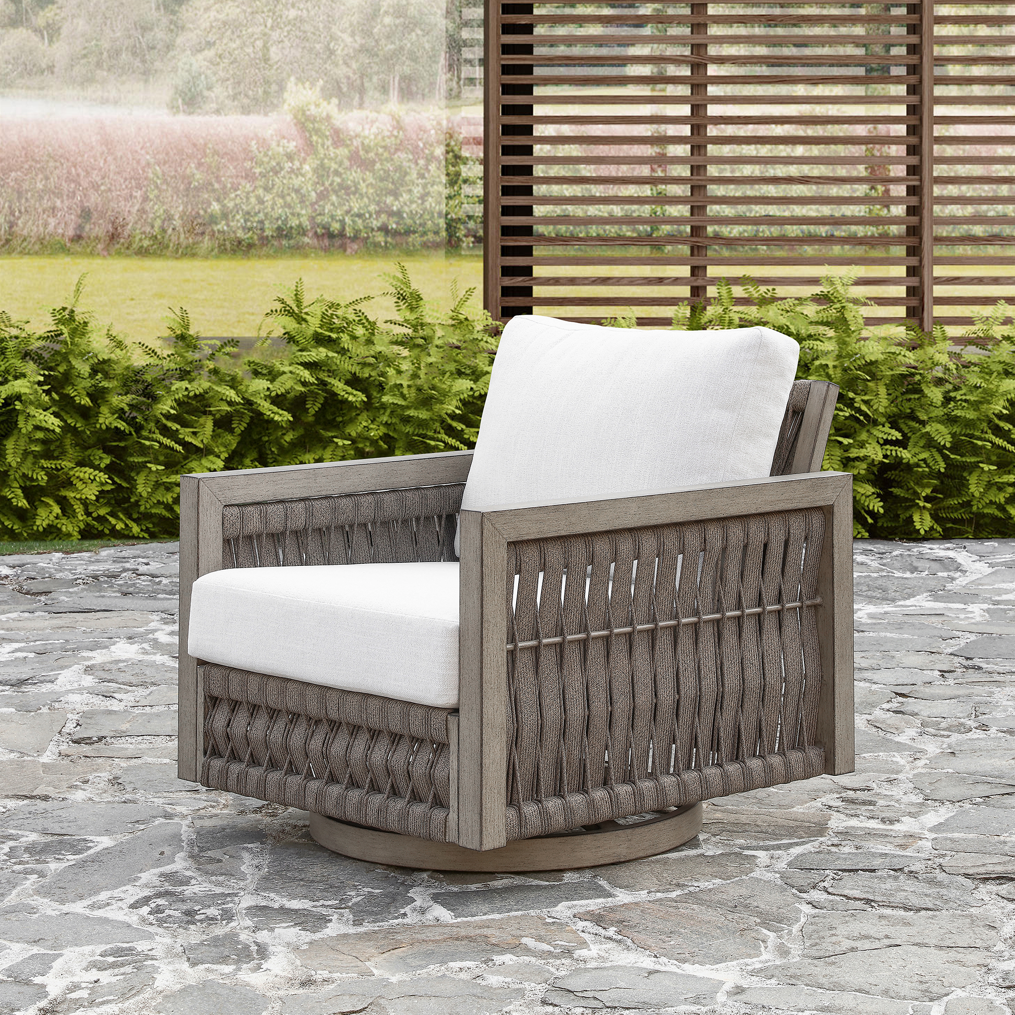 Modern oversize rope weave outdoor swivel sofa highlights weather-resistant woven rattan swivel chairs for outdoor comfort. - Seehill