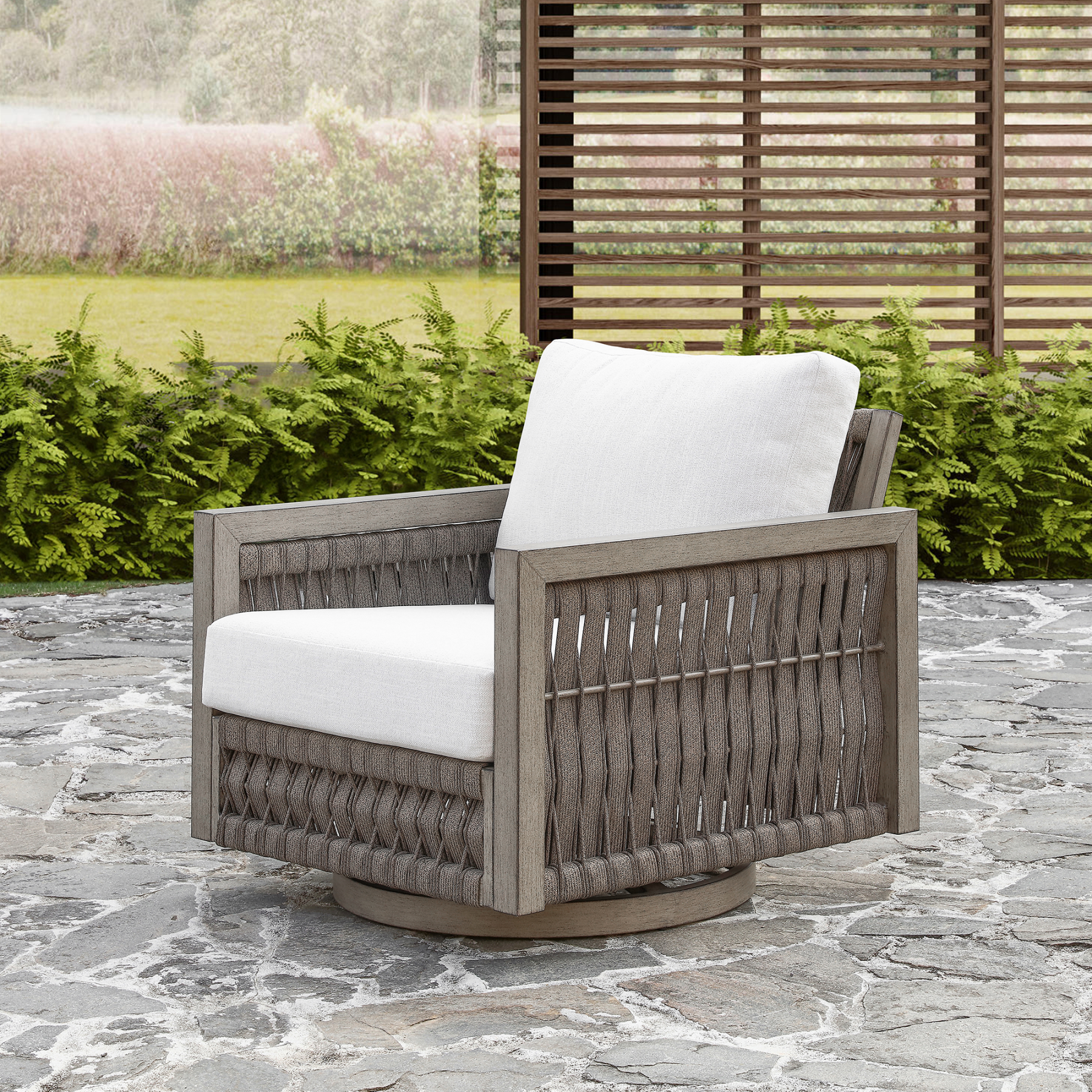 Weather-resistant woven rattan swivel chair with cream - Seehill