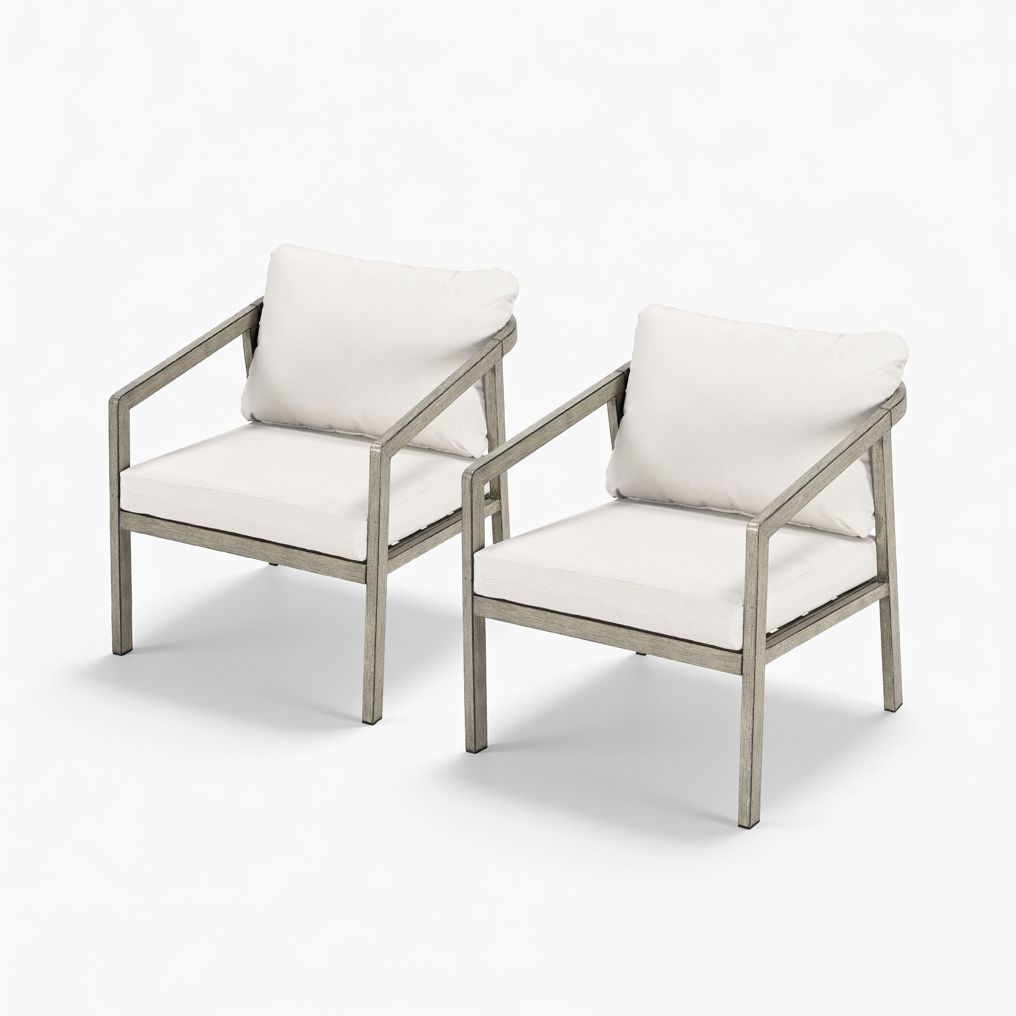A sophisticated piece Patio Outdoor Armchair Set featuring two beige cushioned armchairs with dark frames. - Seehill