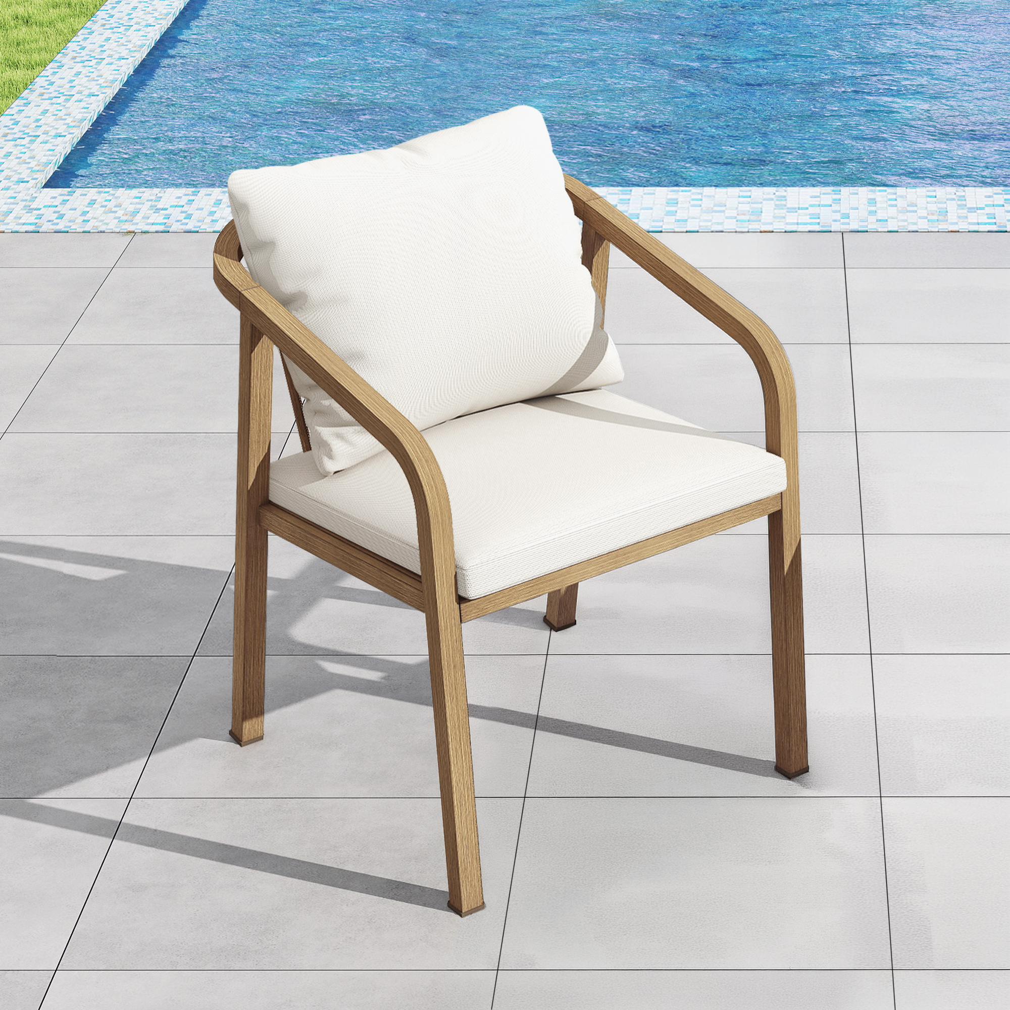Outdoor patio chair with wooden frame and white cushions near a poolside setting -Seehill