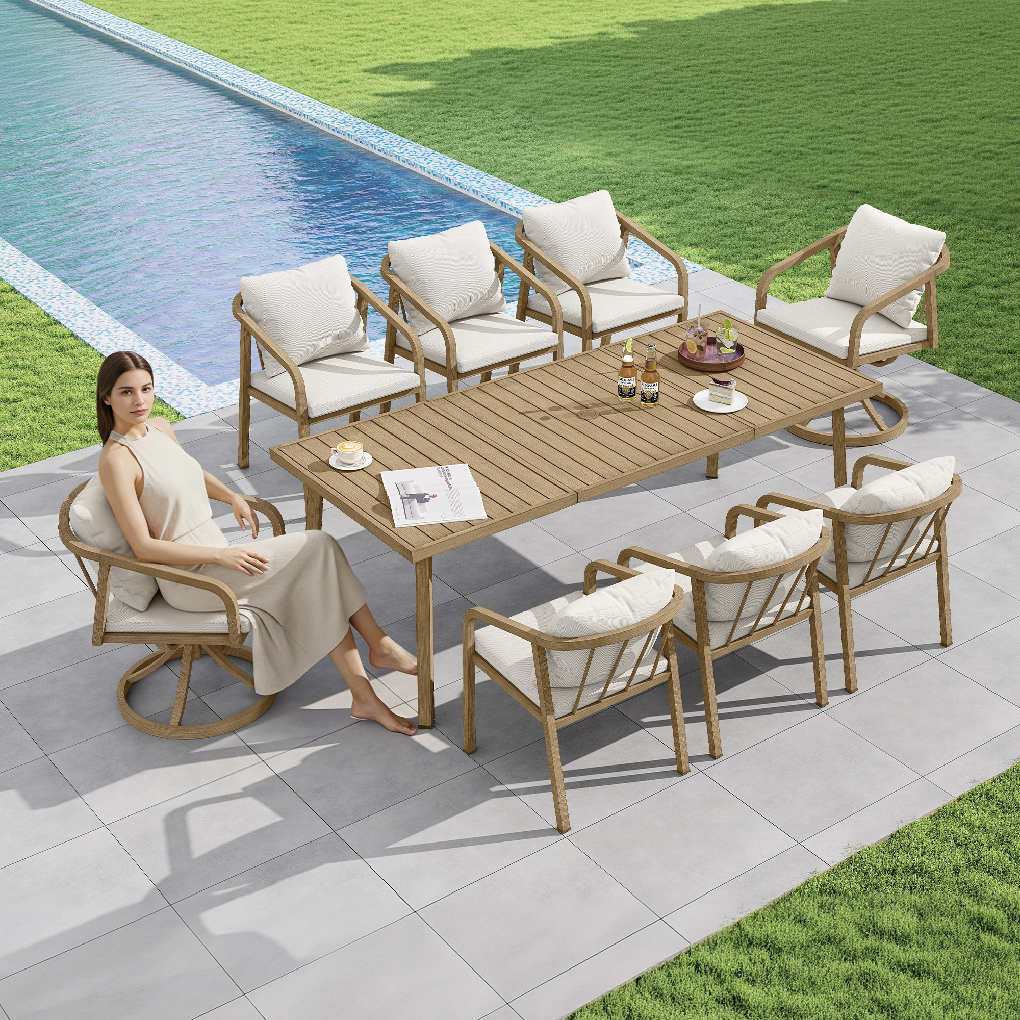 Outdoor dining set with cushioned chairs and a wooden table beside a pool on patio-Seehill