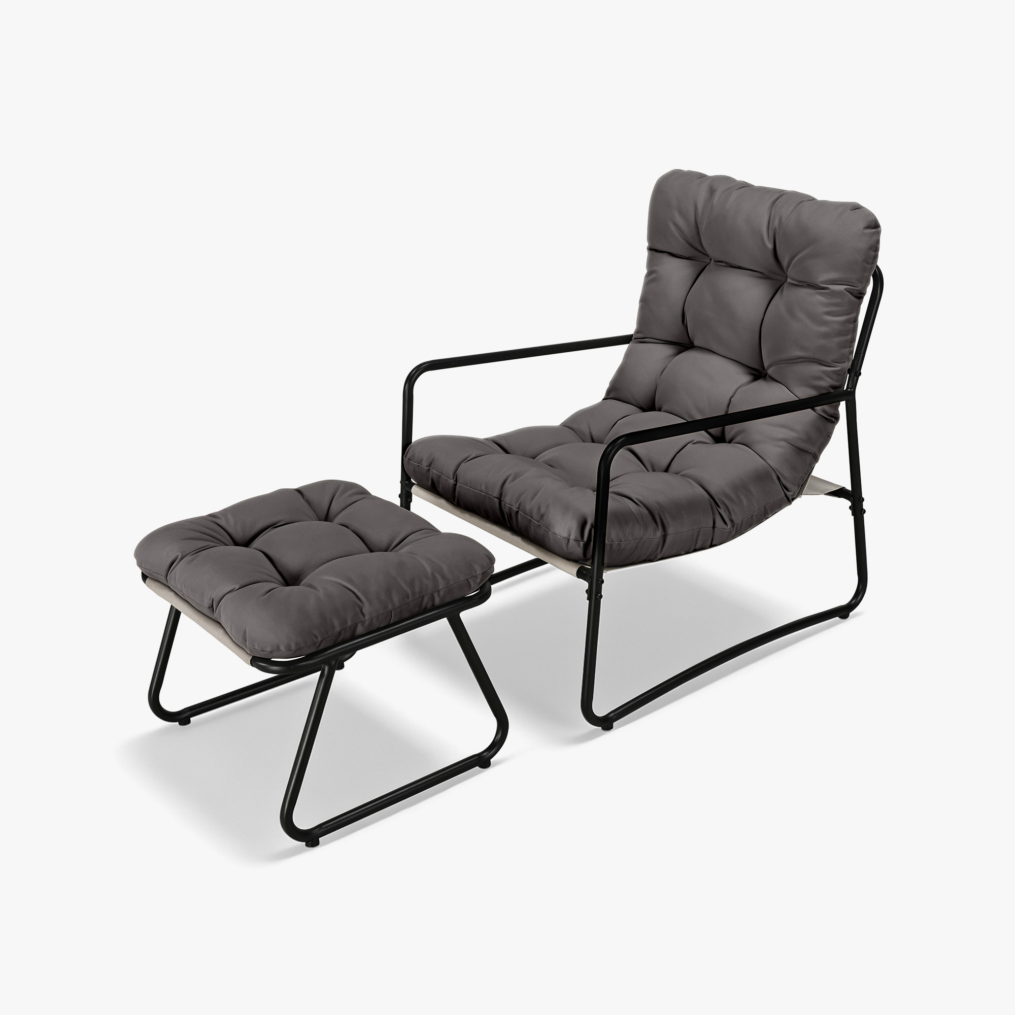 Modern patio rocking chair and matching ottoman with plush gray cushions and black metal fra-Seehill