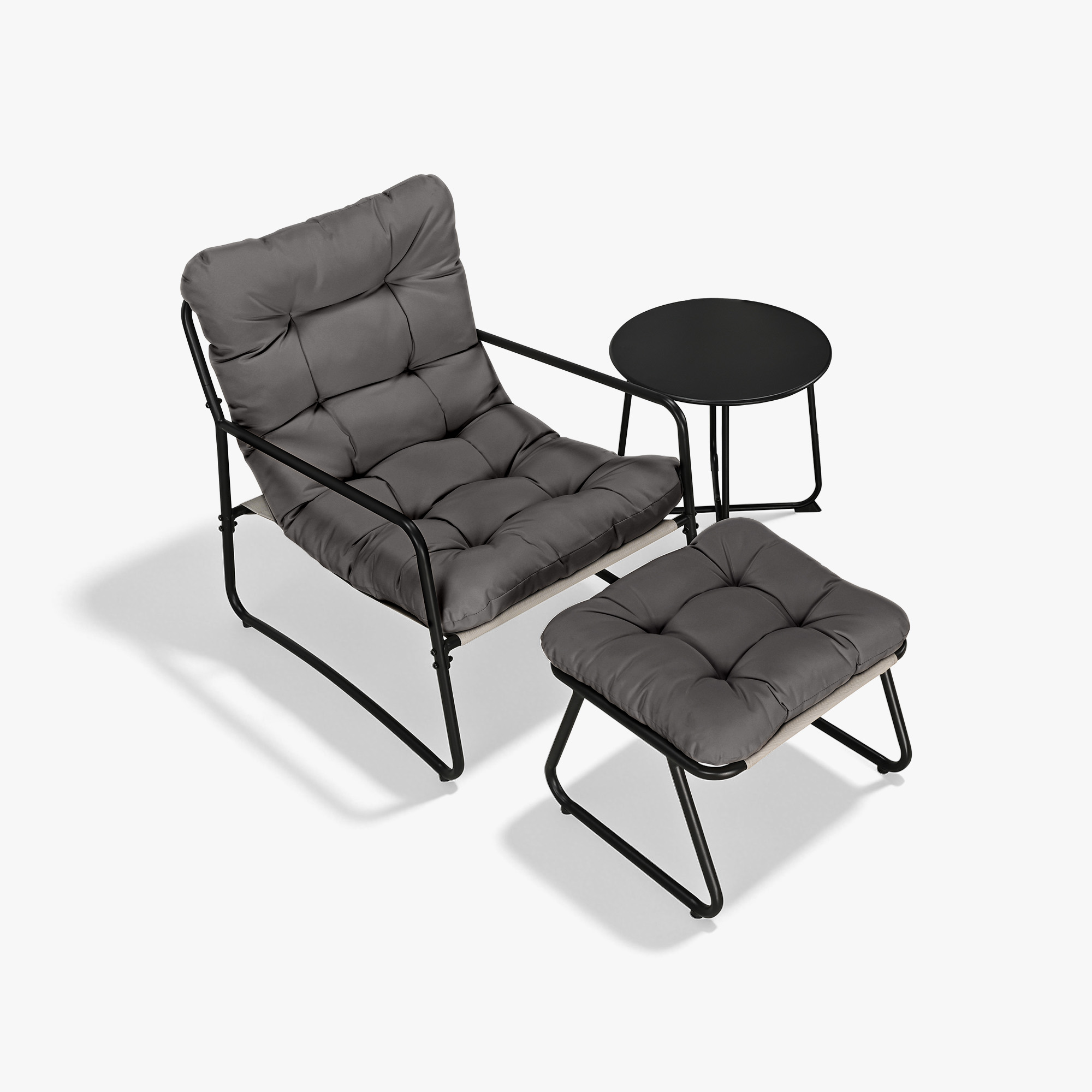 Three-piece metal patio rocking chair set with cushioned seat and matching side table -Seehill