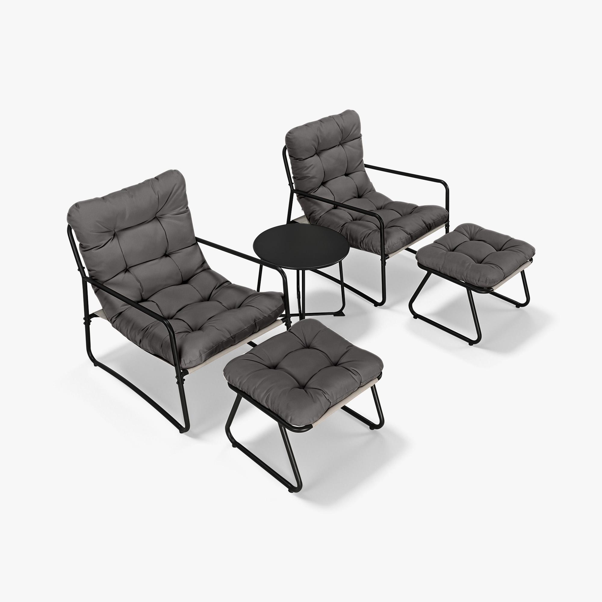 Five-piece metal patio set with cushioned rocking chairs and matching ottomans-Seehill