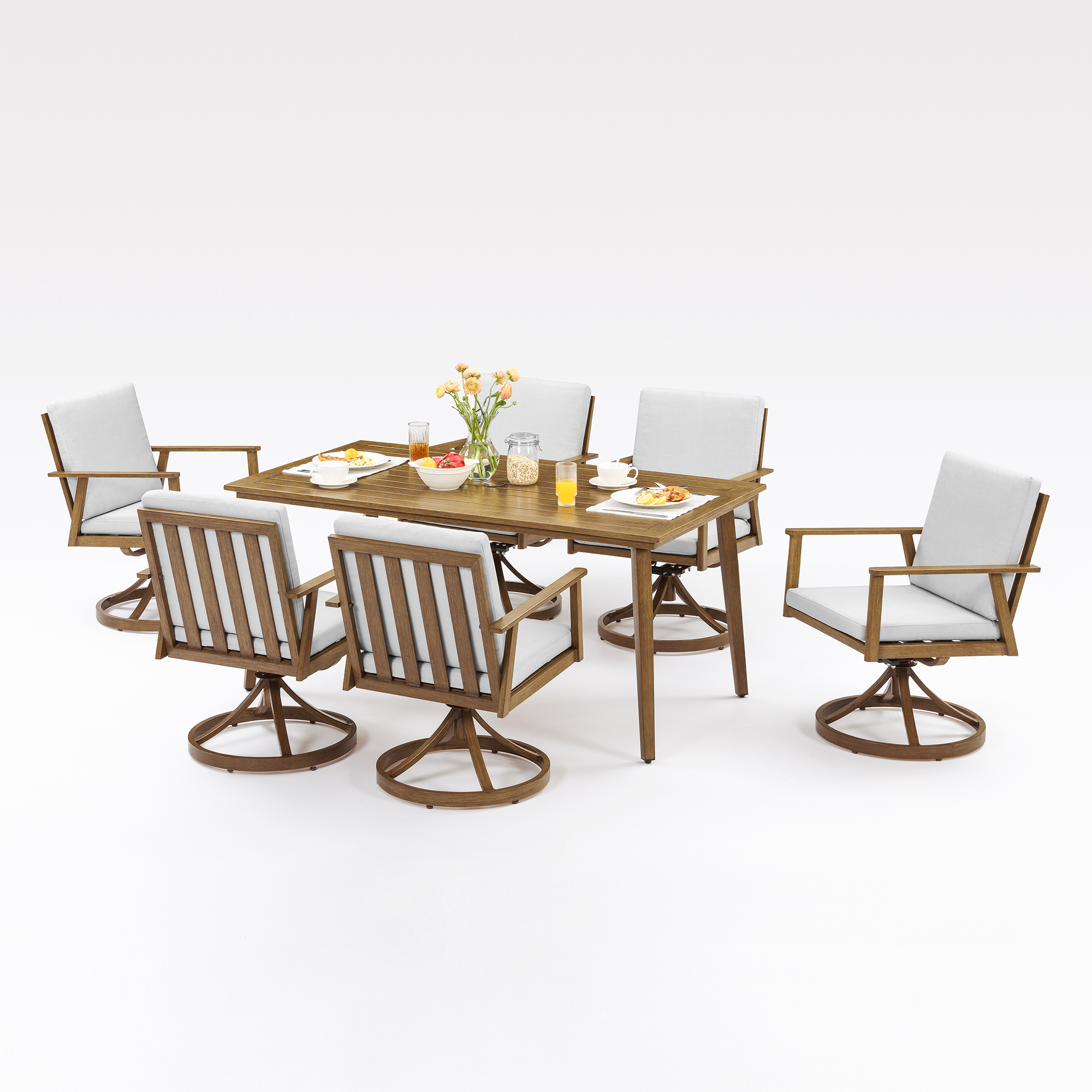This Piece Outdoor Patio Dining Set with aluminum all-weather swivel chairs and umbrella hole provides superior comfort and durability. - Seehill