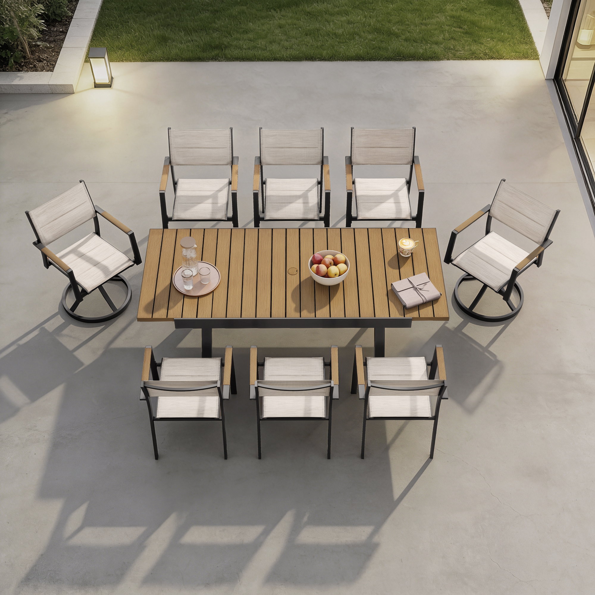 Expandable outdoor dining set with wooden tabletop and swivel chairs on patio-Seehill