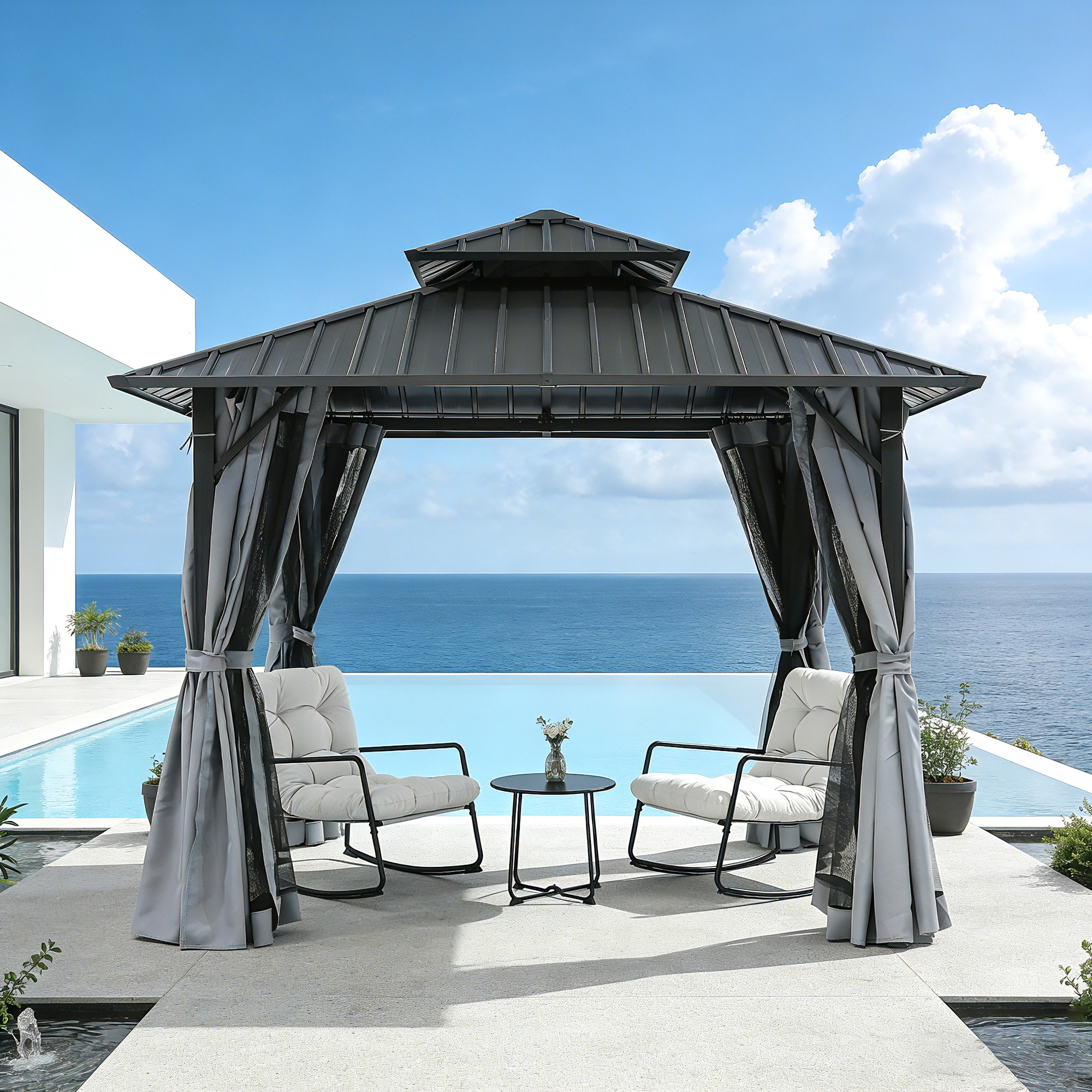 Outdoor patio hardtop gazebo with curtains and cushioned chairs by the pool-Seehill