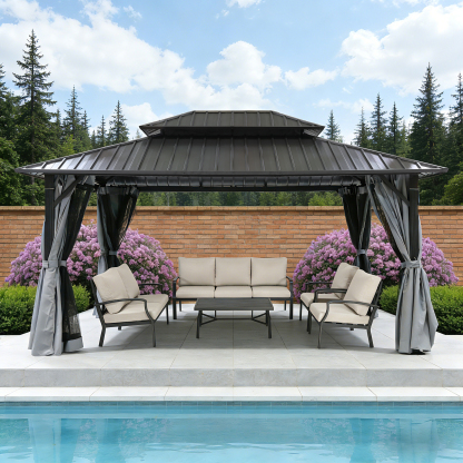 10' x 12' Outdoor Patio Hardtop Gazebo with Netting and Curtains - G030-2