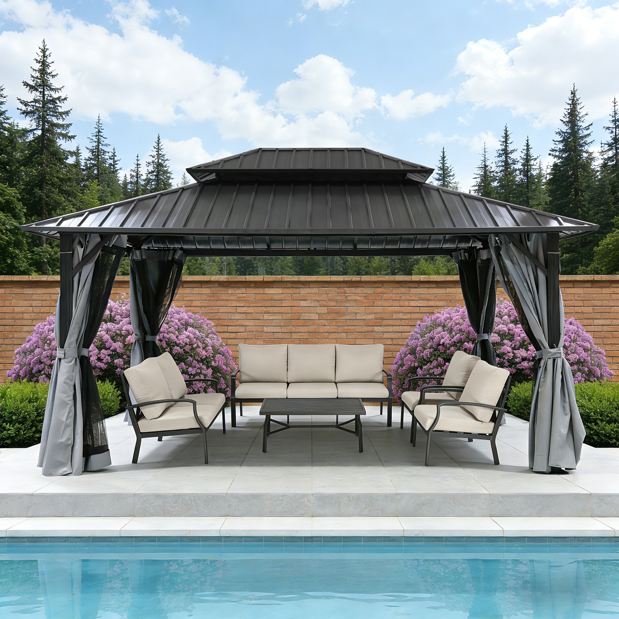 Outdoor patio hardtop gazebo with netting and cushioned seating by the poolside in soft natu-Seehill
