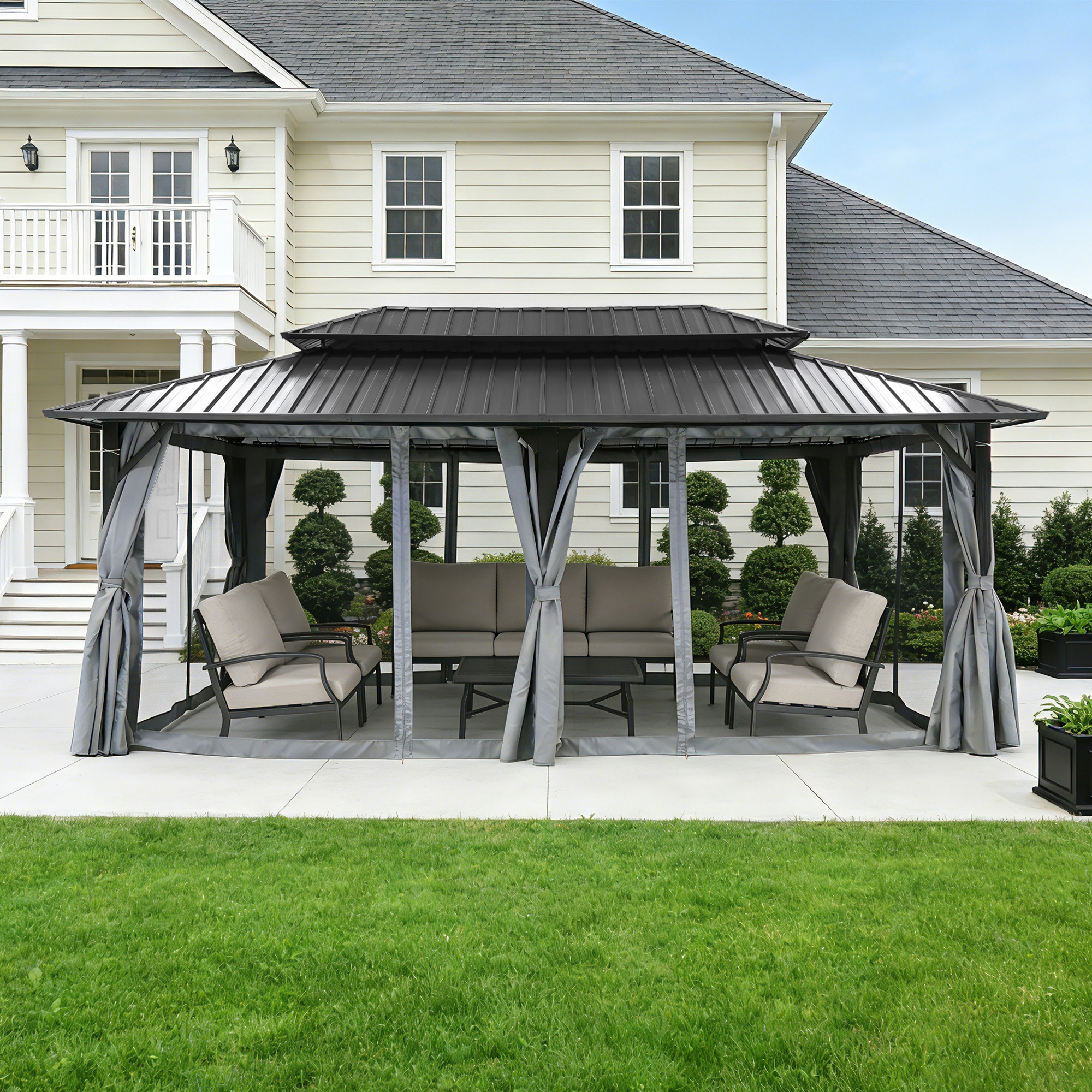 Large outdoor patio hardtop gazebo with netting and tied curtains in backyard setting-Seehill