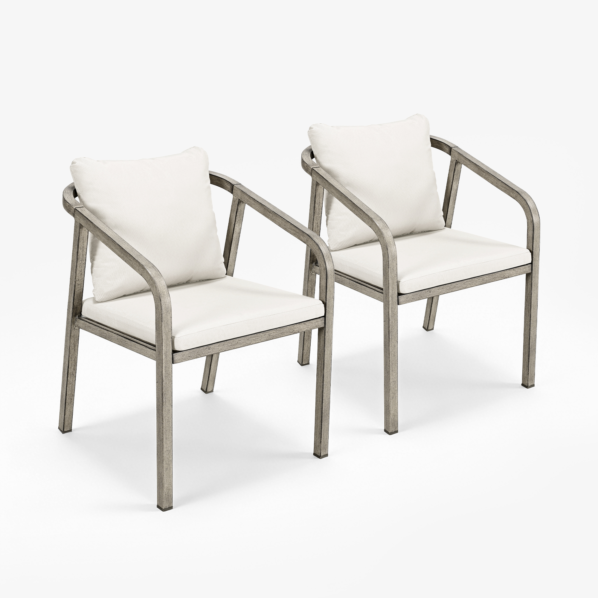 Two outdoor dining chairs with wraparound metal frames and white cushions on white-Seehill