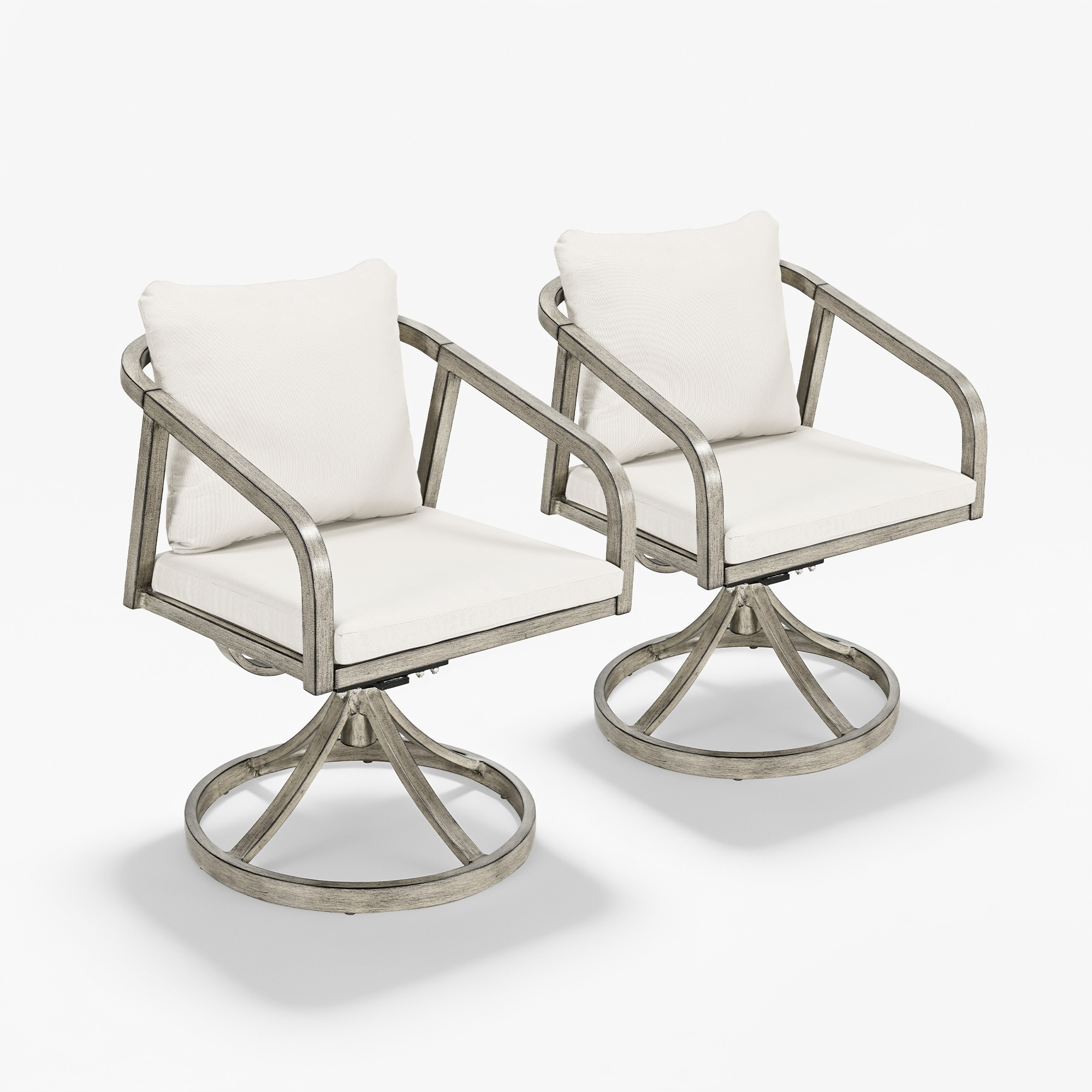 Two outdoor swivel dining chairs with wraparound metal frames and white cushions -Seehill
