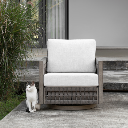 Outdoor swivel armchair with light gray cushion and woven base - Seehill