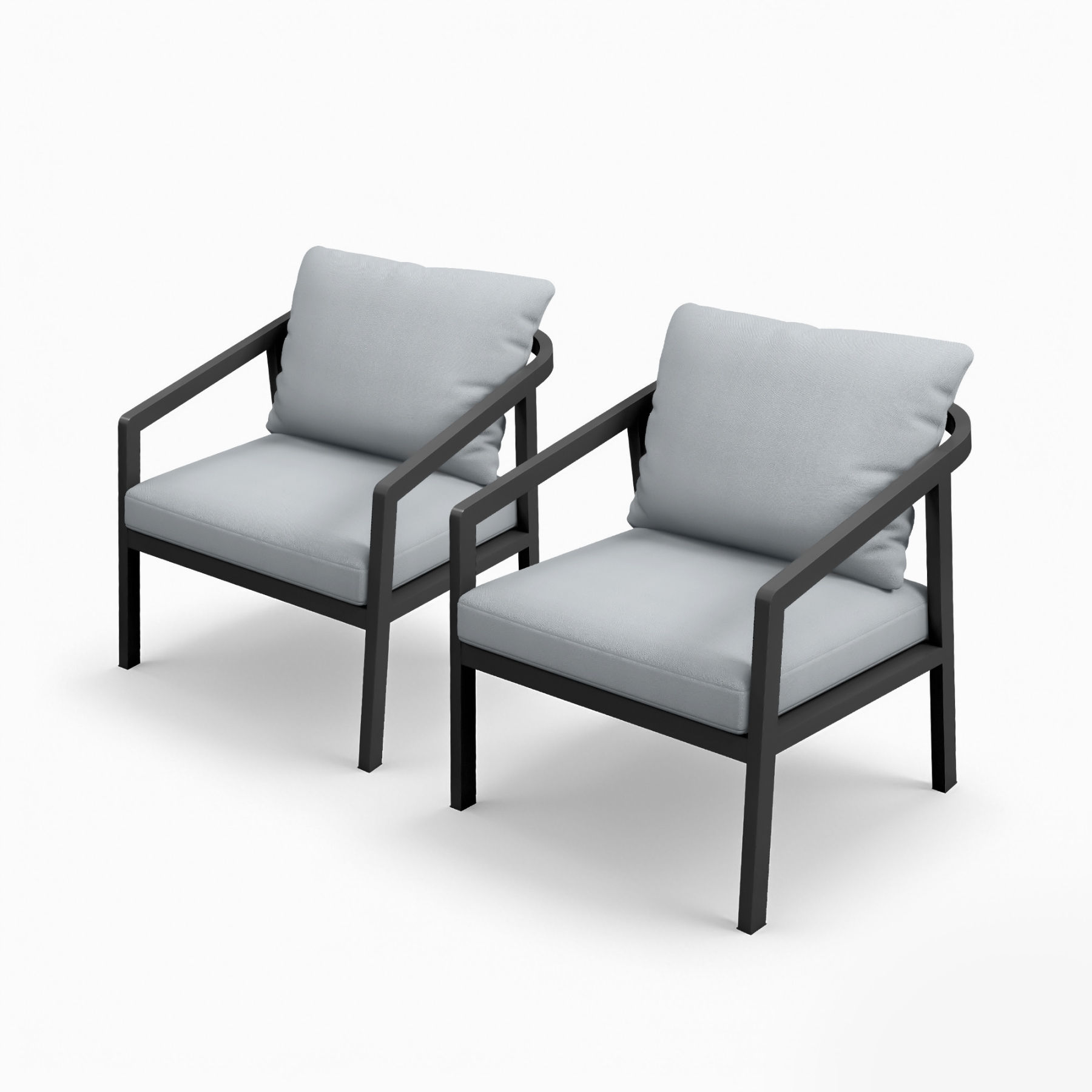 Crafted with two beige cushioned armchairs with black metal frames arranged on a patio for comfort and style. - Seehill