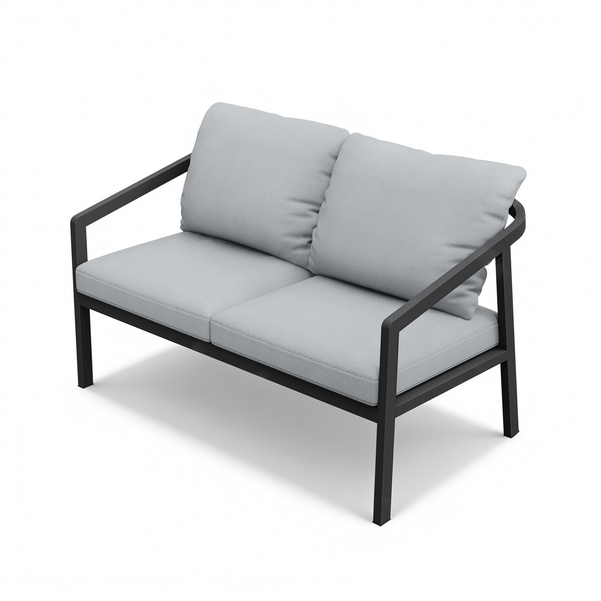 Outdoor loveseat with black metal frame and light gray cushions on white background-Seehill