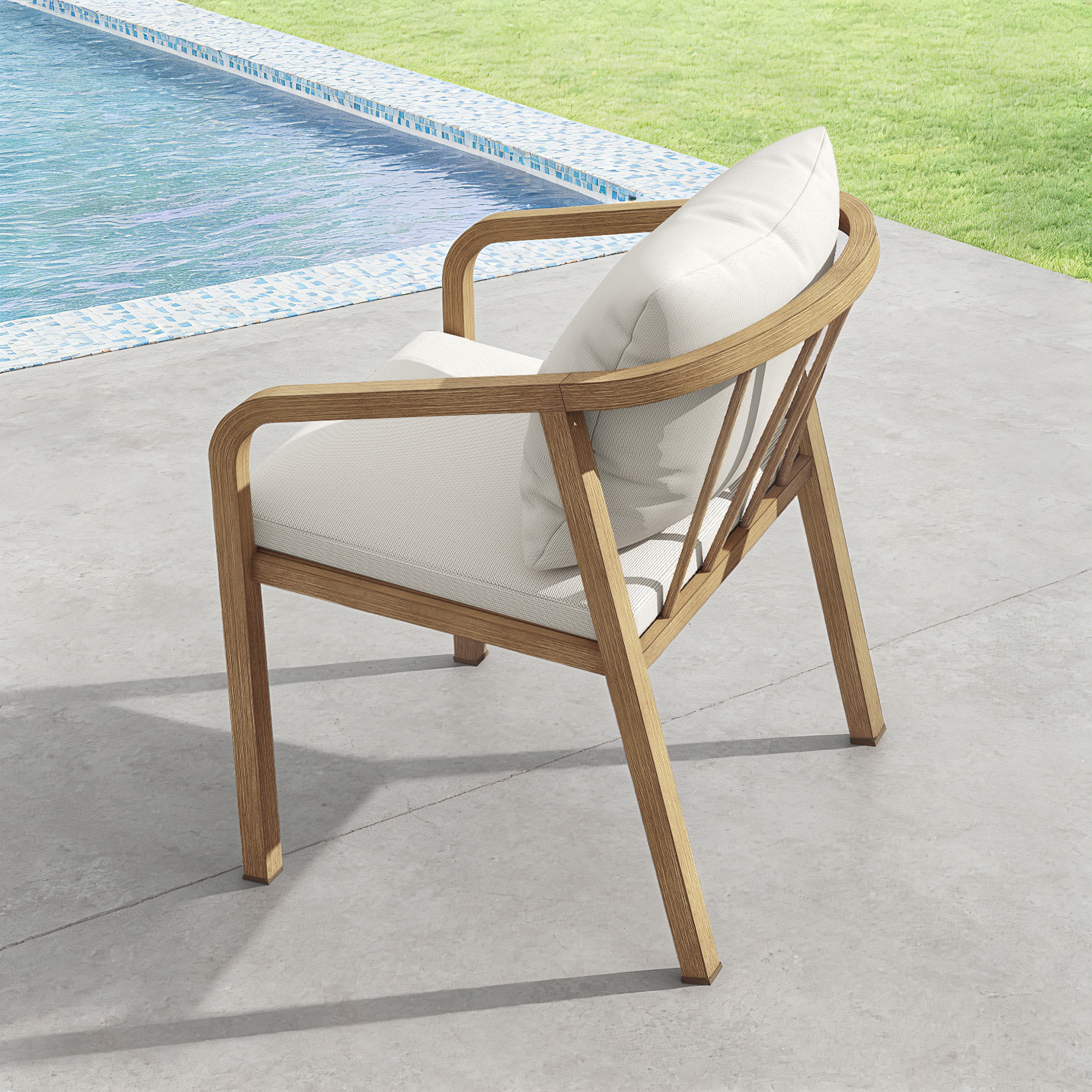 Outdoor patio chair with wooden frame and white cushions by the poolside-Seehill