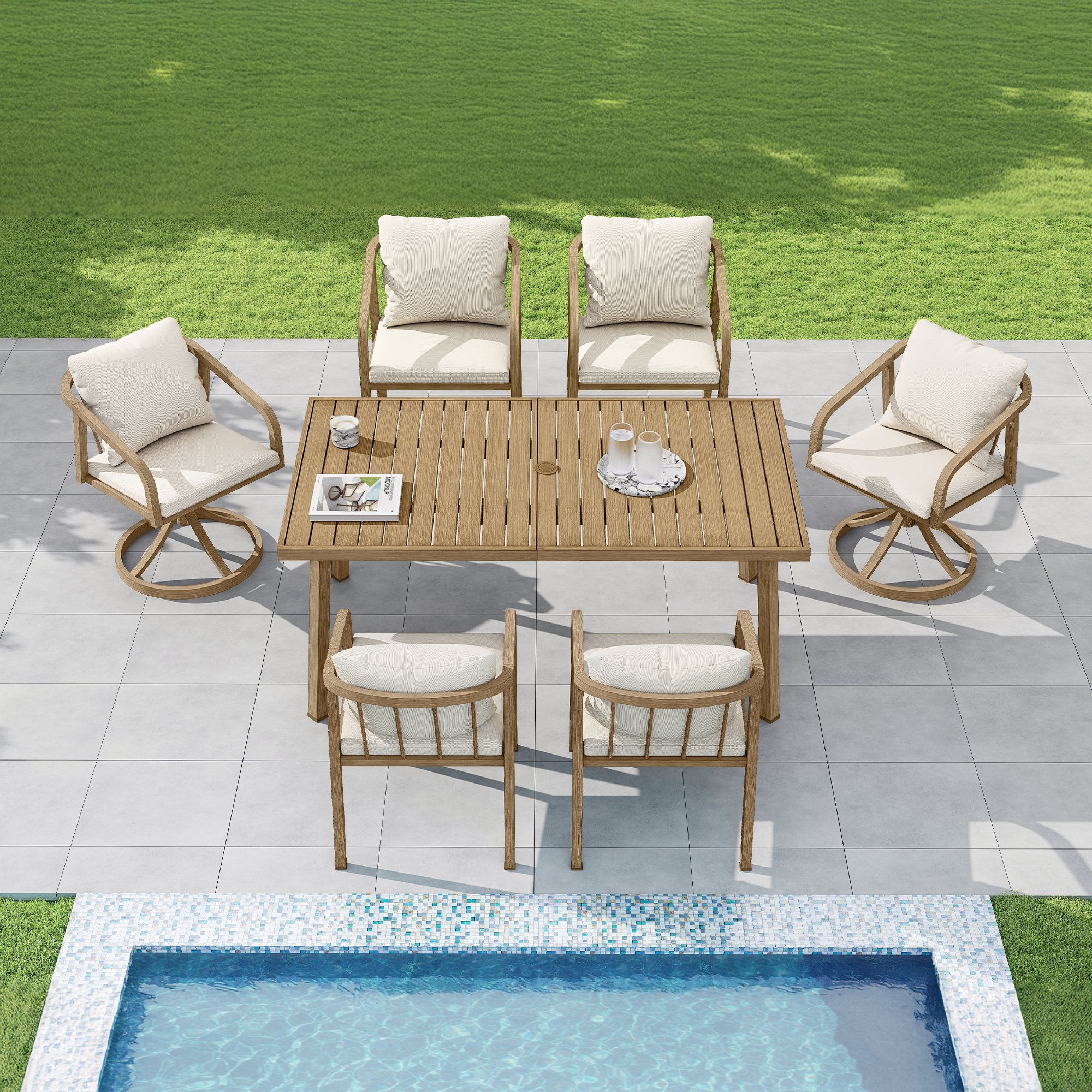 Outdoor patio dining set with cushioned swivel chairs and wooden table by pool-Seehill