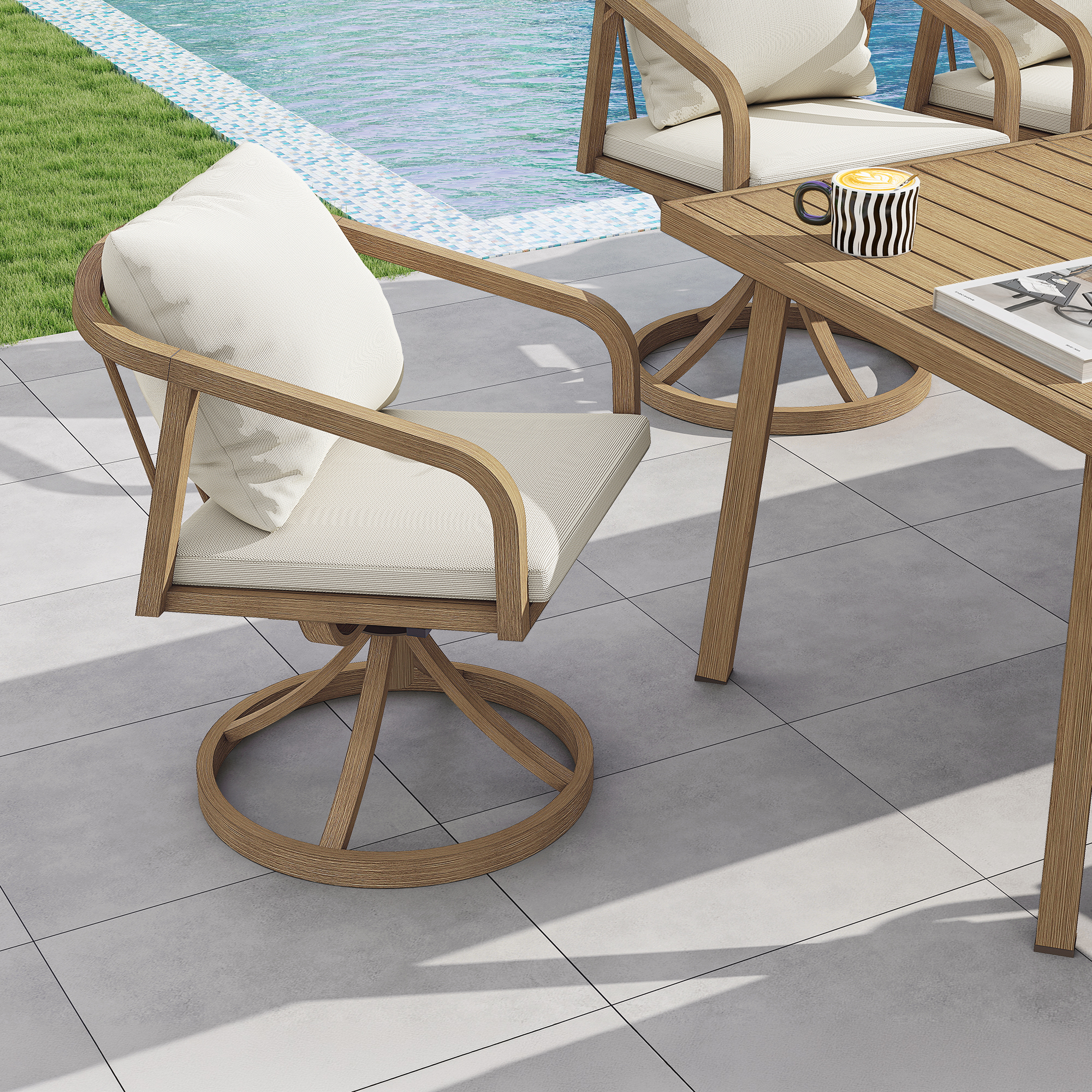 Outdoor dining set with cushioned swivel chairs and wooden table by the poolside-Seehill
