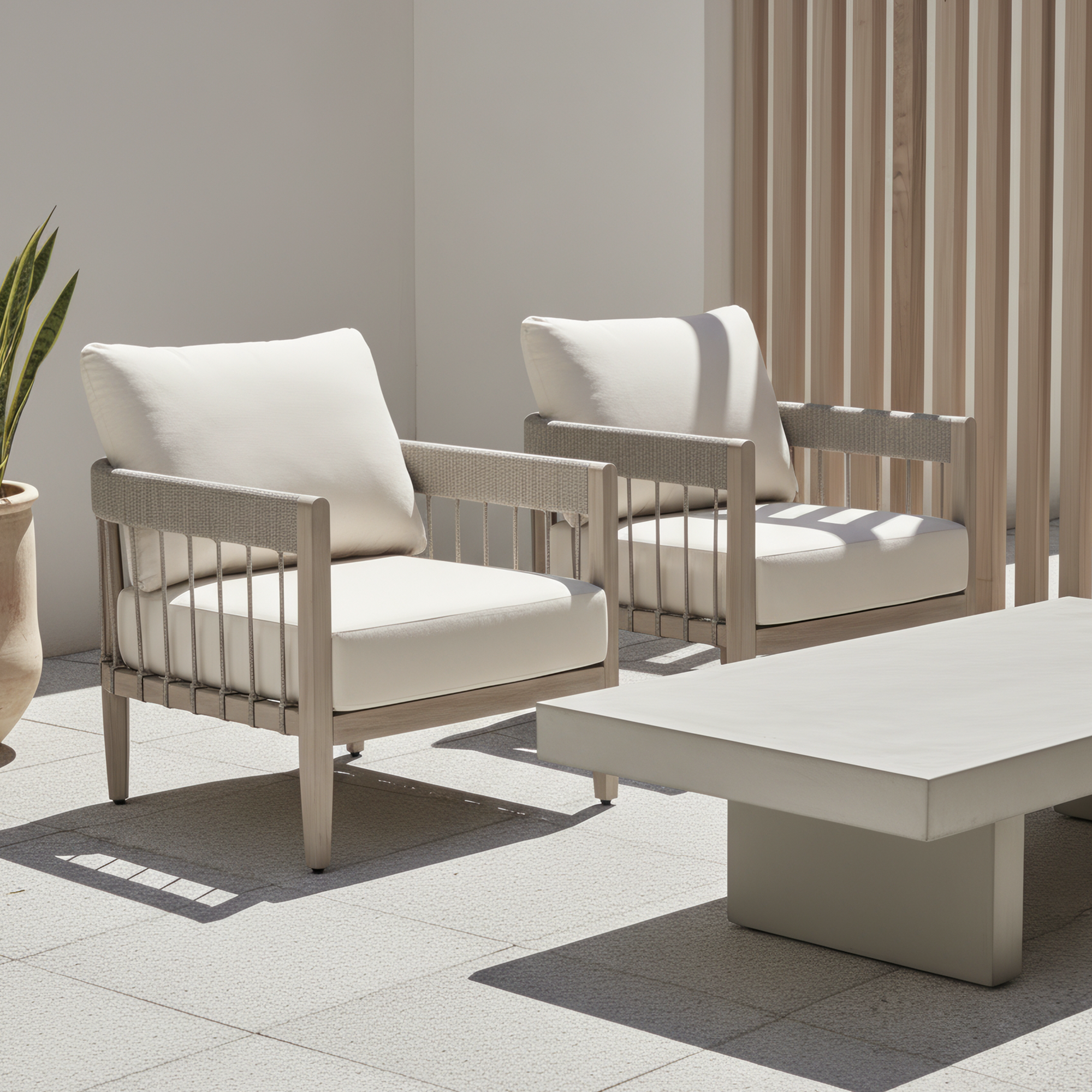 Two cushioned outdoor armchairs with a modern wood grain finish on a sunny patio-Seehill