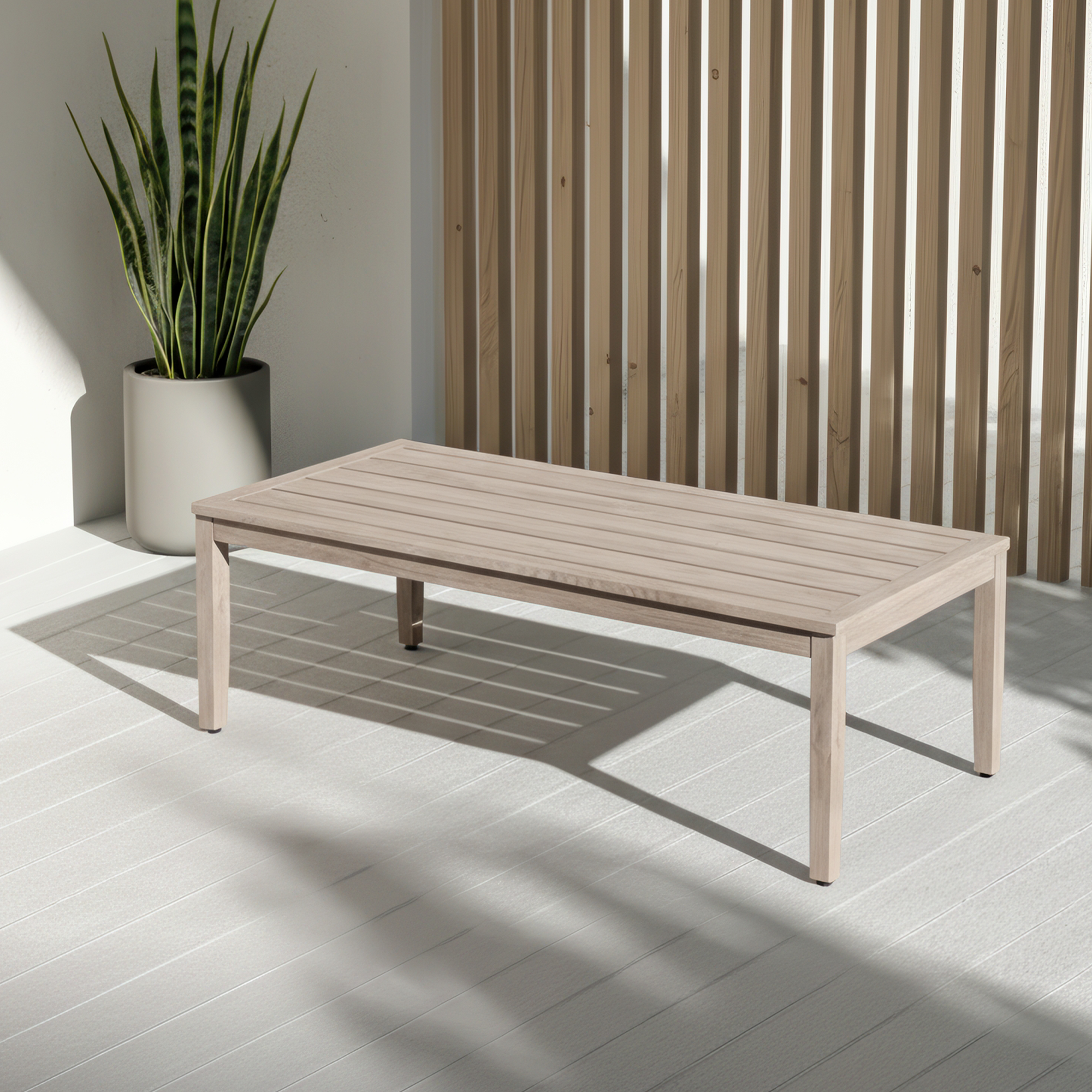 Minimalist patio coffee table with faux wood grain finish in a bright outdoor setting -Seehill