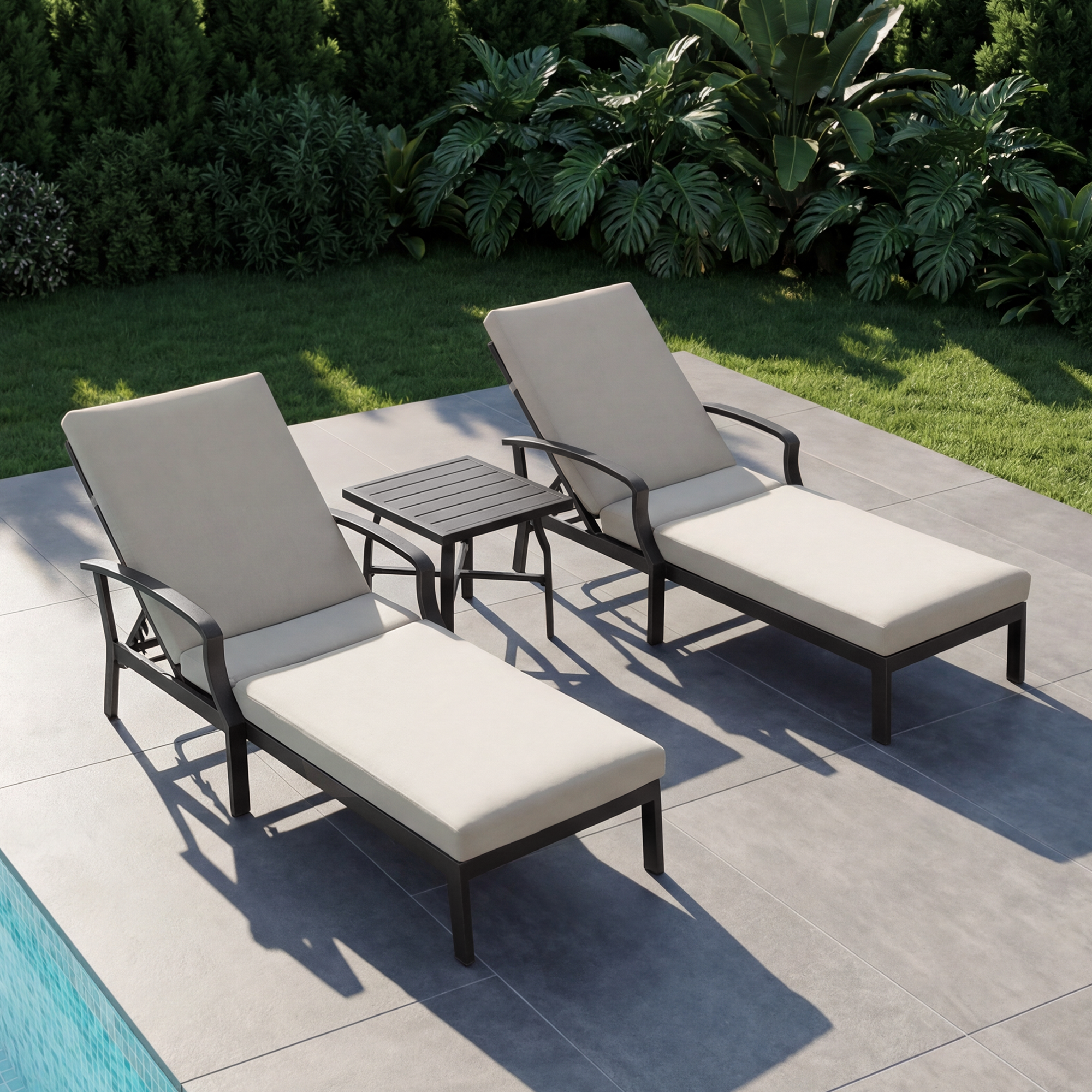 Two beige cushioned outdoor lounge chairs with adjustable backs and a side table by pool-Seehill