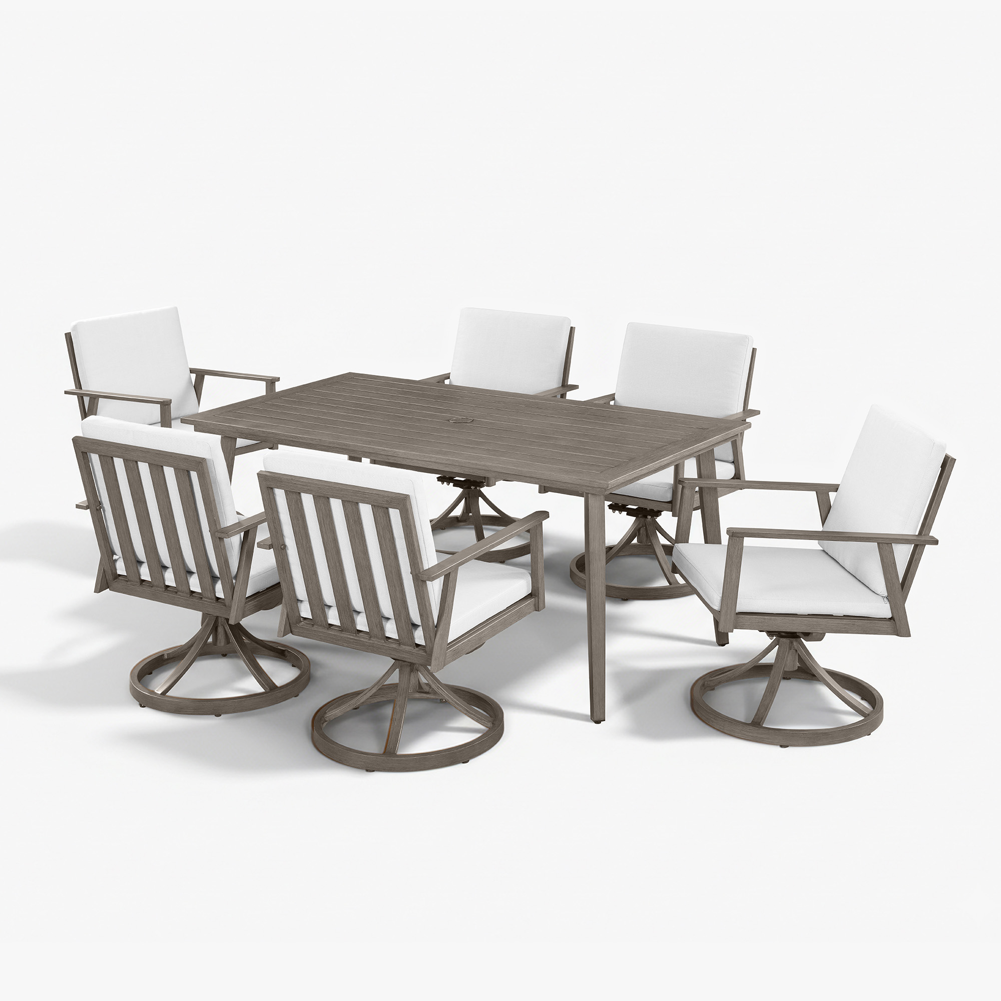 This is a graceful outdoor patio dining set featuring aluminum all-weather swivel chairs with an umbrella hole. - Seehill