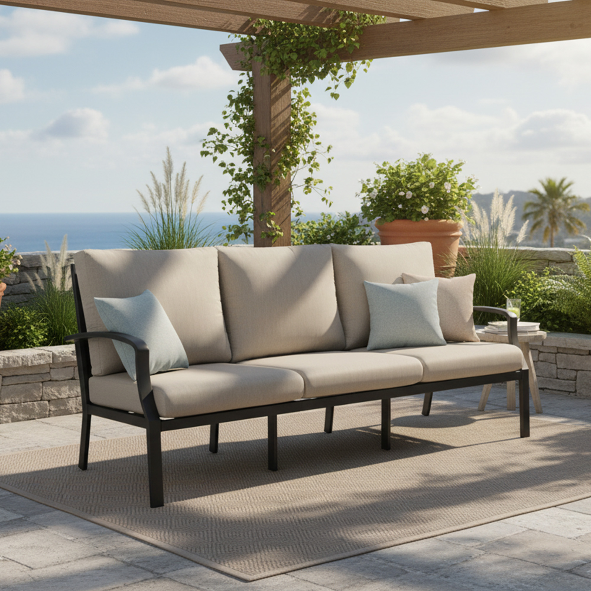 Spacious outdoor sofa with beige cushions under pergola on patio with ocean view -Seehill