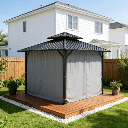 10' x 10' Outdoor Patio Hardtop Gazebo with Netting and Curtains - G030-1