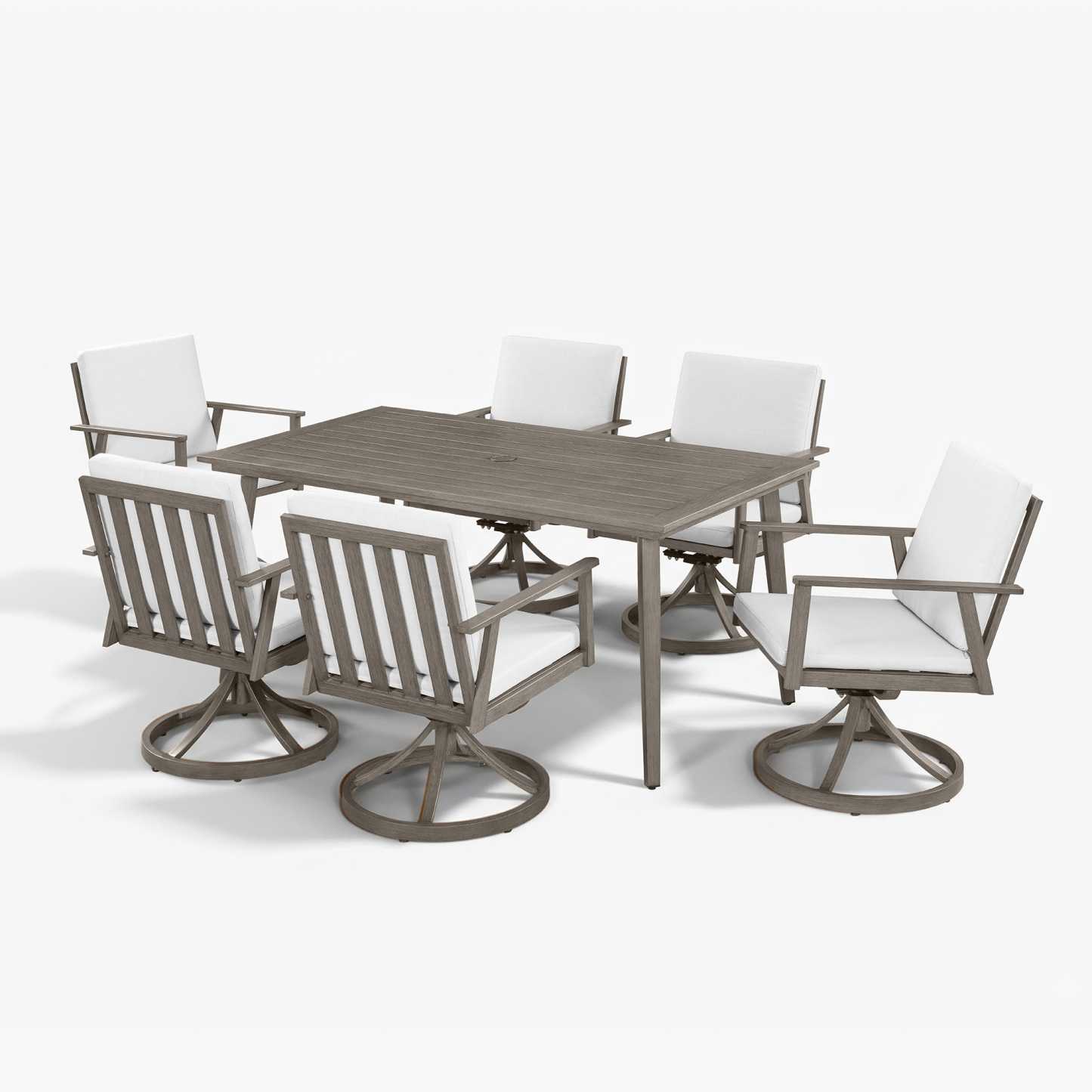 Outdoor 7-piece dining set with white cushions and gray wood finish - Seehill