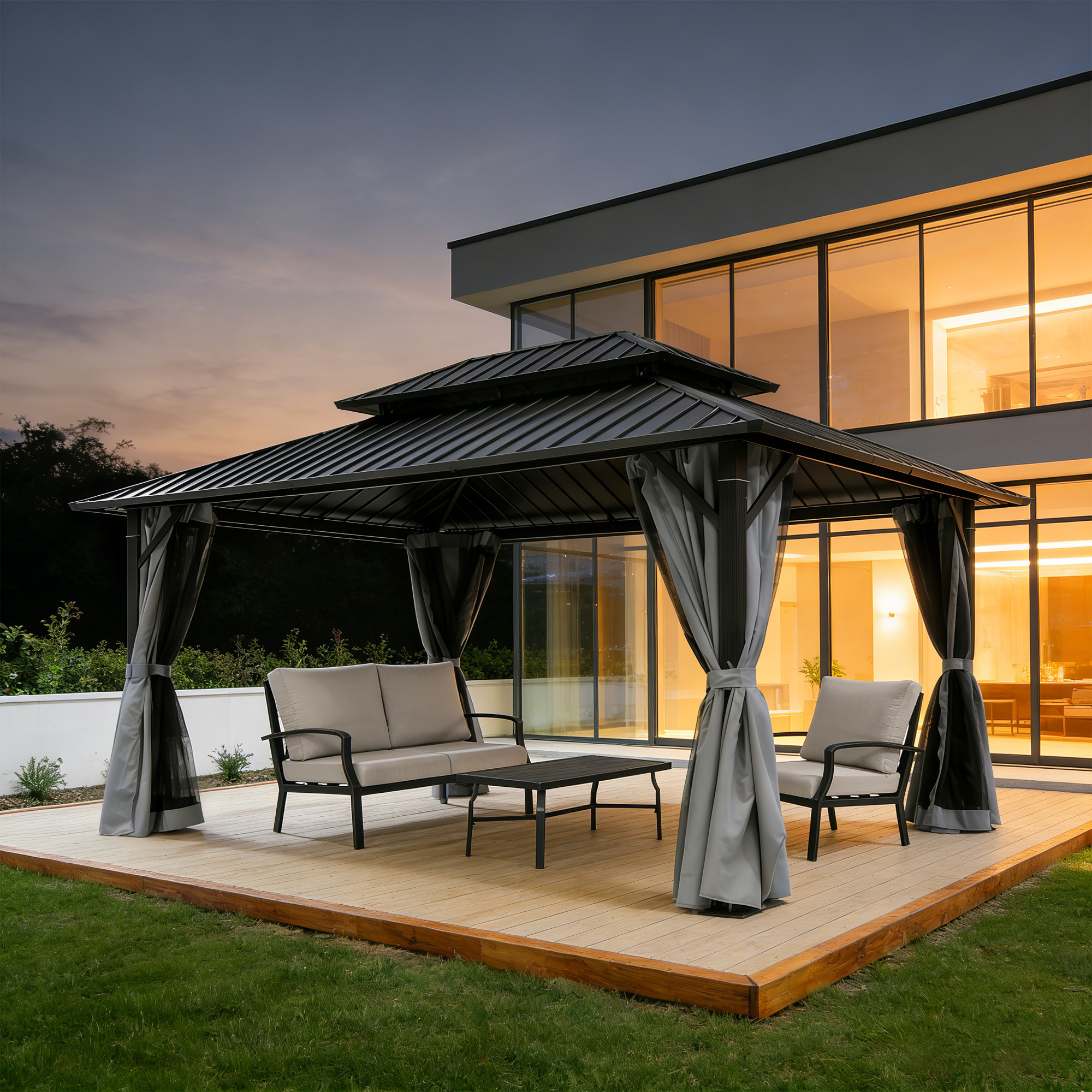 Outdoor patio hardtop gazebo with curtains and seating on wooden deck at dusk -Seehill