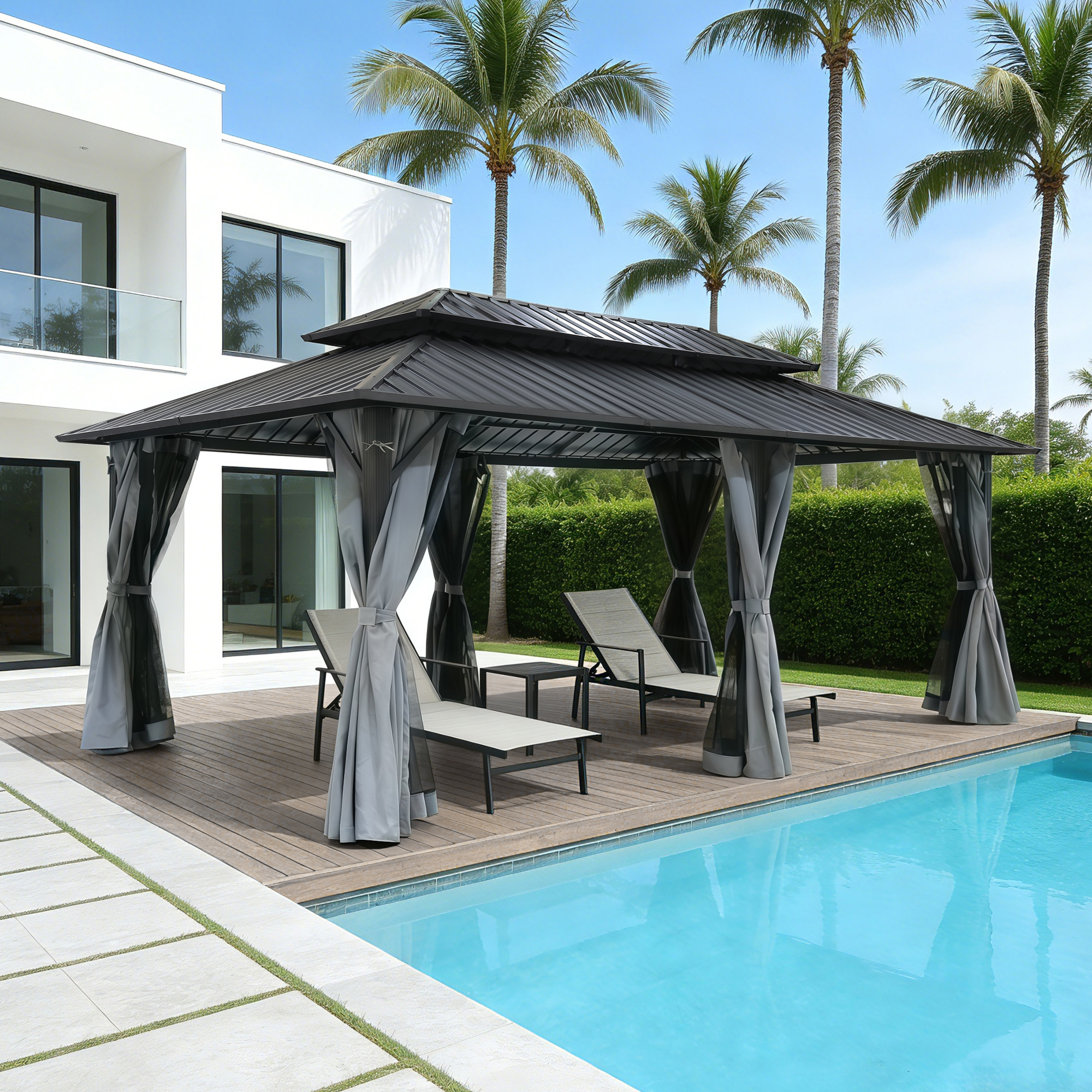Outdoor patio hardtop gazebo with curtains by poolside and palm trees in backyard -Seehill