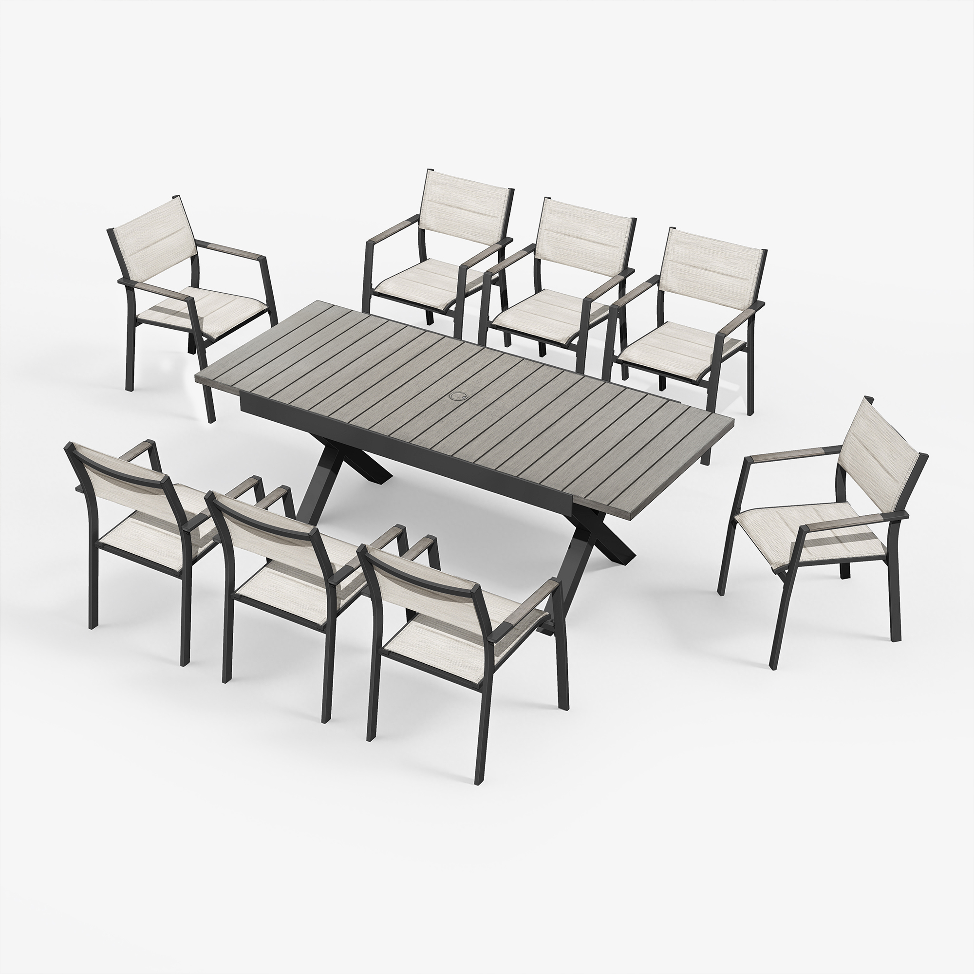 Expandable outdoor dining table with nine stackable chairs in neutral tones-Seehill