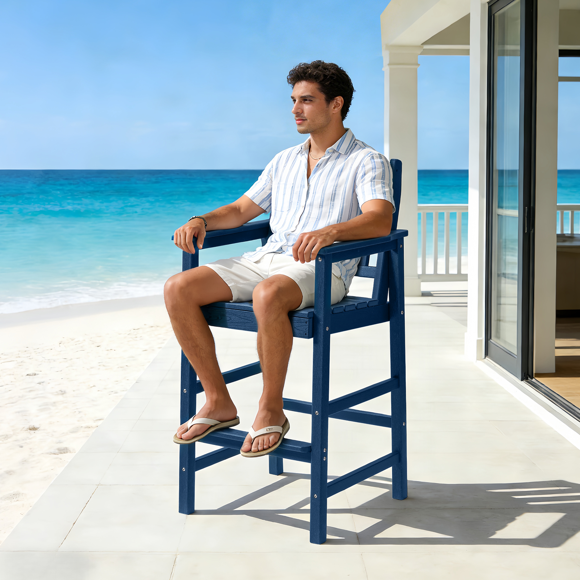 2-Piece HDPE Patio Tall Adirondack Bar Chair Set with Footrest - C077