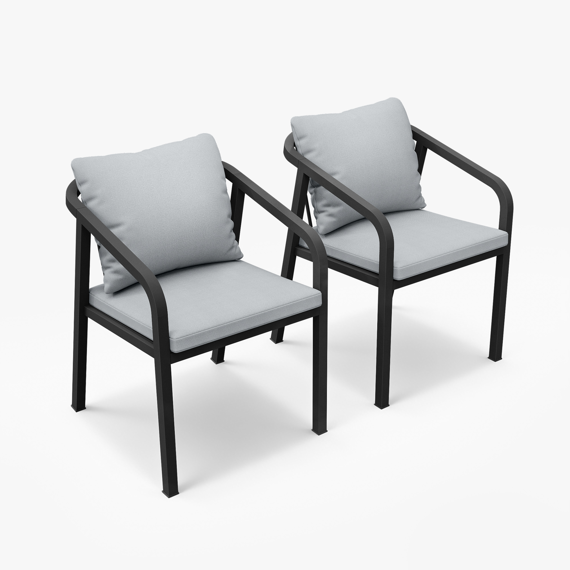 Two outdoor dining chairs with wraparound armrests and light gray cushions on black frames-Seehill
